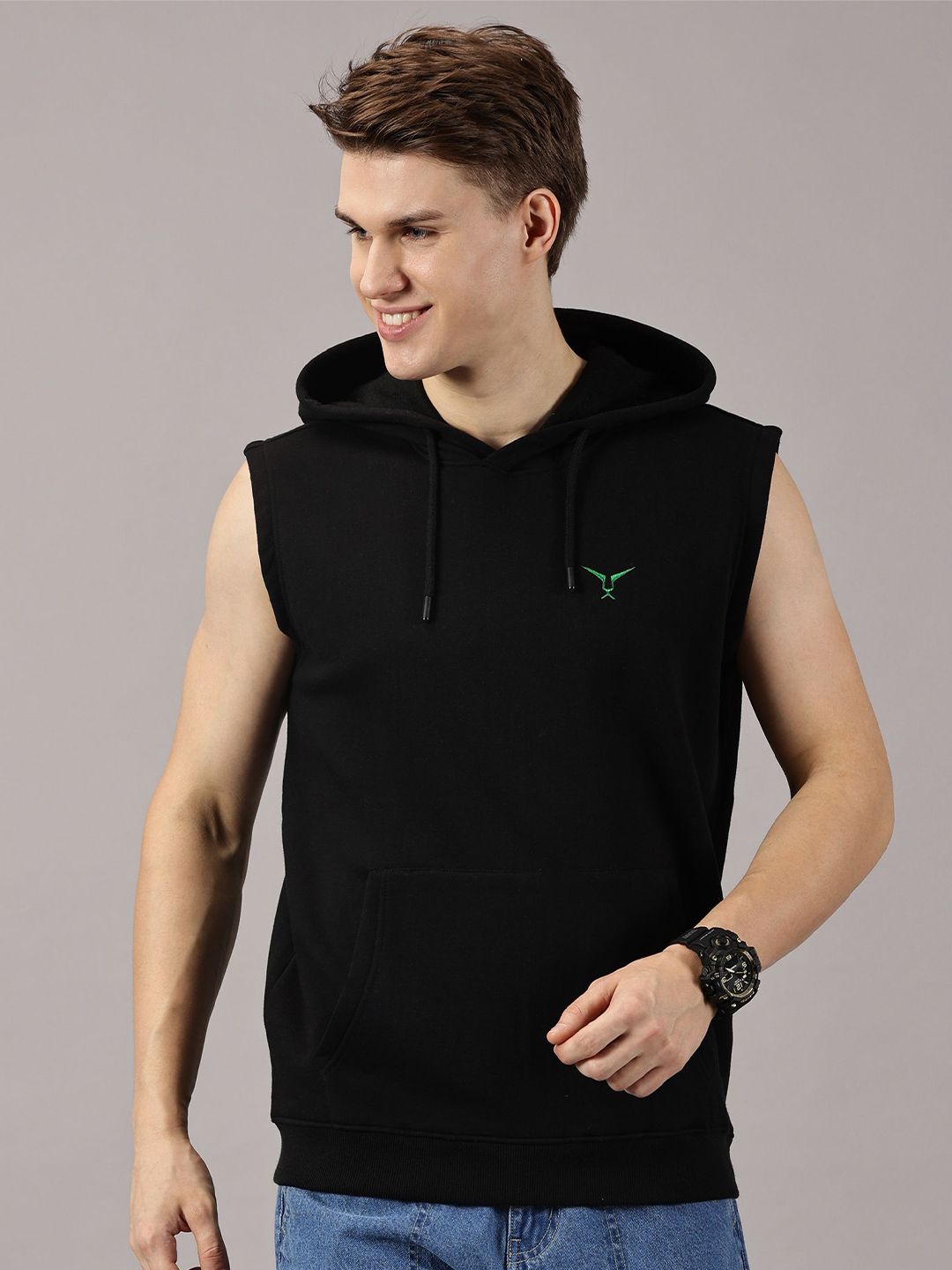 LEON Men Solid Hooded Sleeveless Sweatshirt