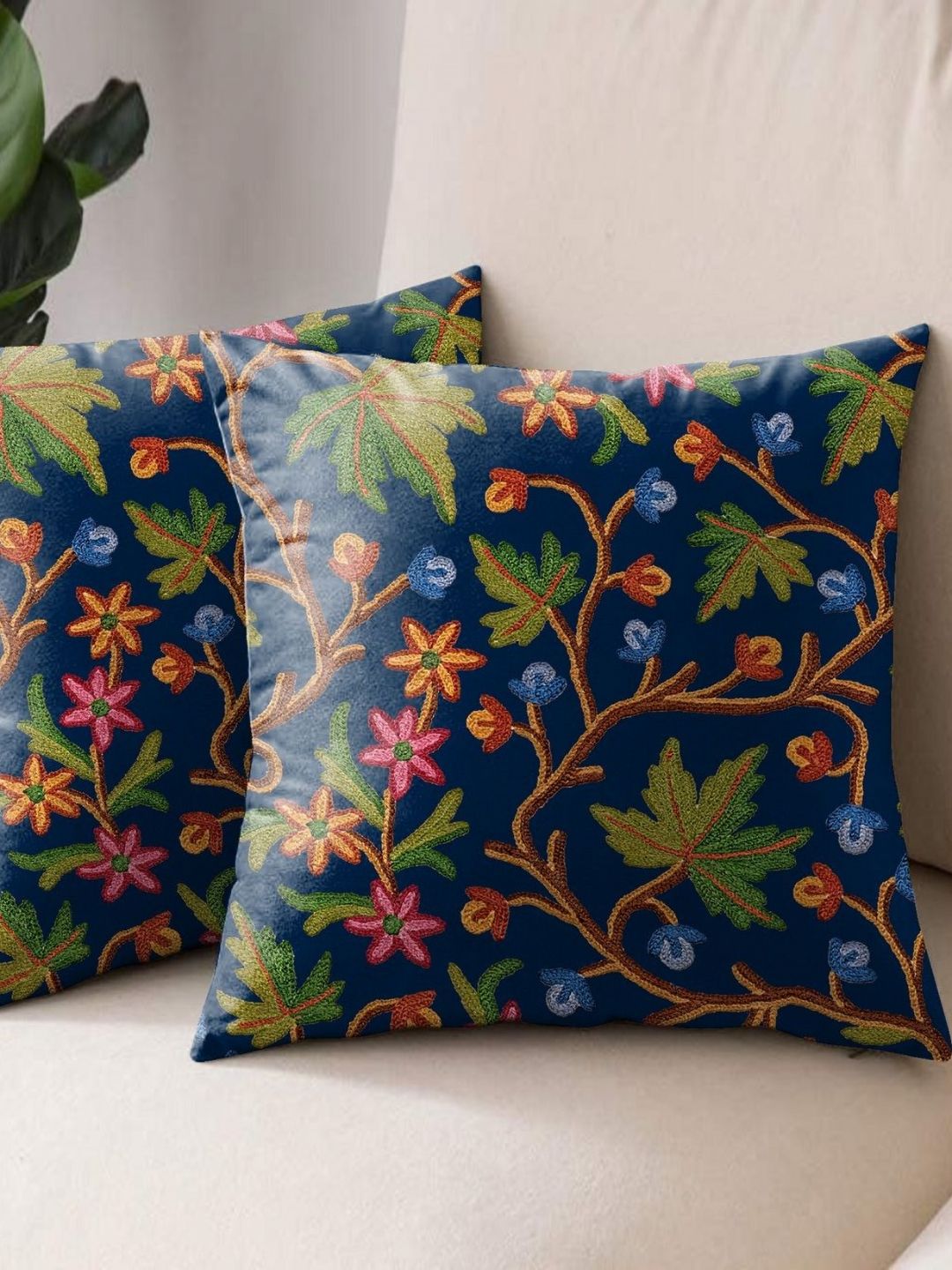 Aura Blue & Green 2 Pieces Floral Square Cushion Covers