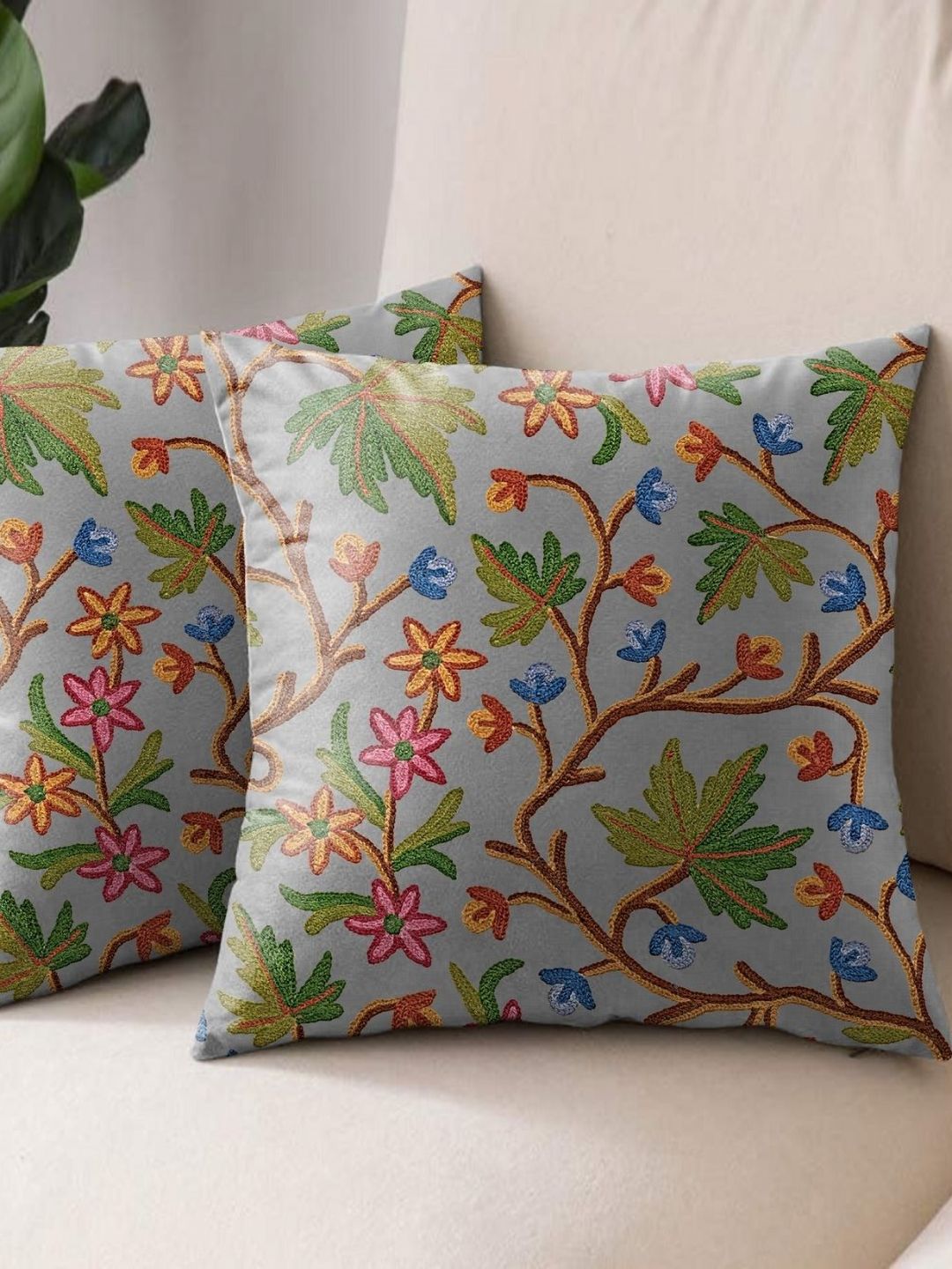 Aura Grey & Green 2 Pieces Floral Square Cushion Covers