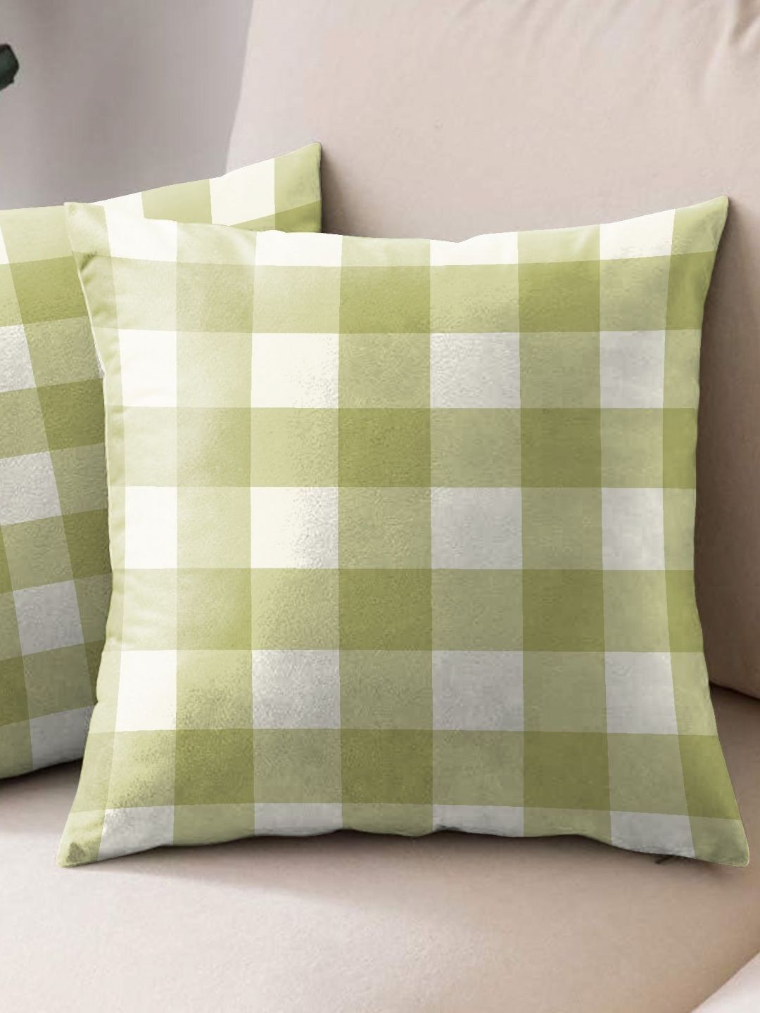 Aura Green & White 2 Pieces Checked Square Cushion Covers