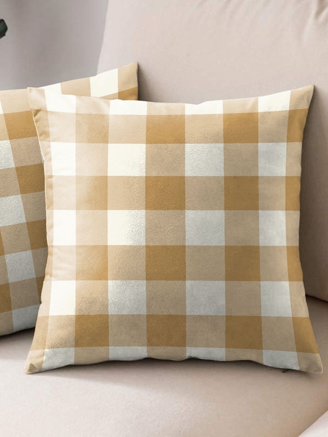 Aura Brown & White 2 Pieces Checked Square Cushion Covers