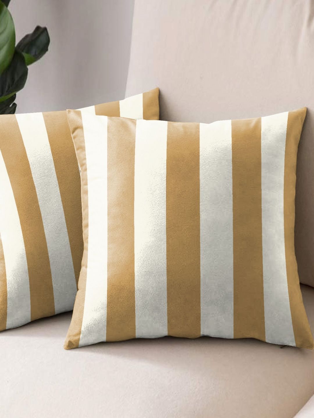 Aura Brown & White 2 Pieces Striped Square Cushion Covers
