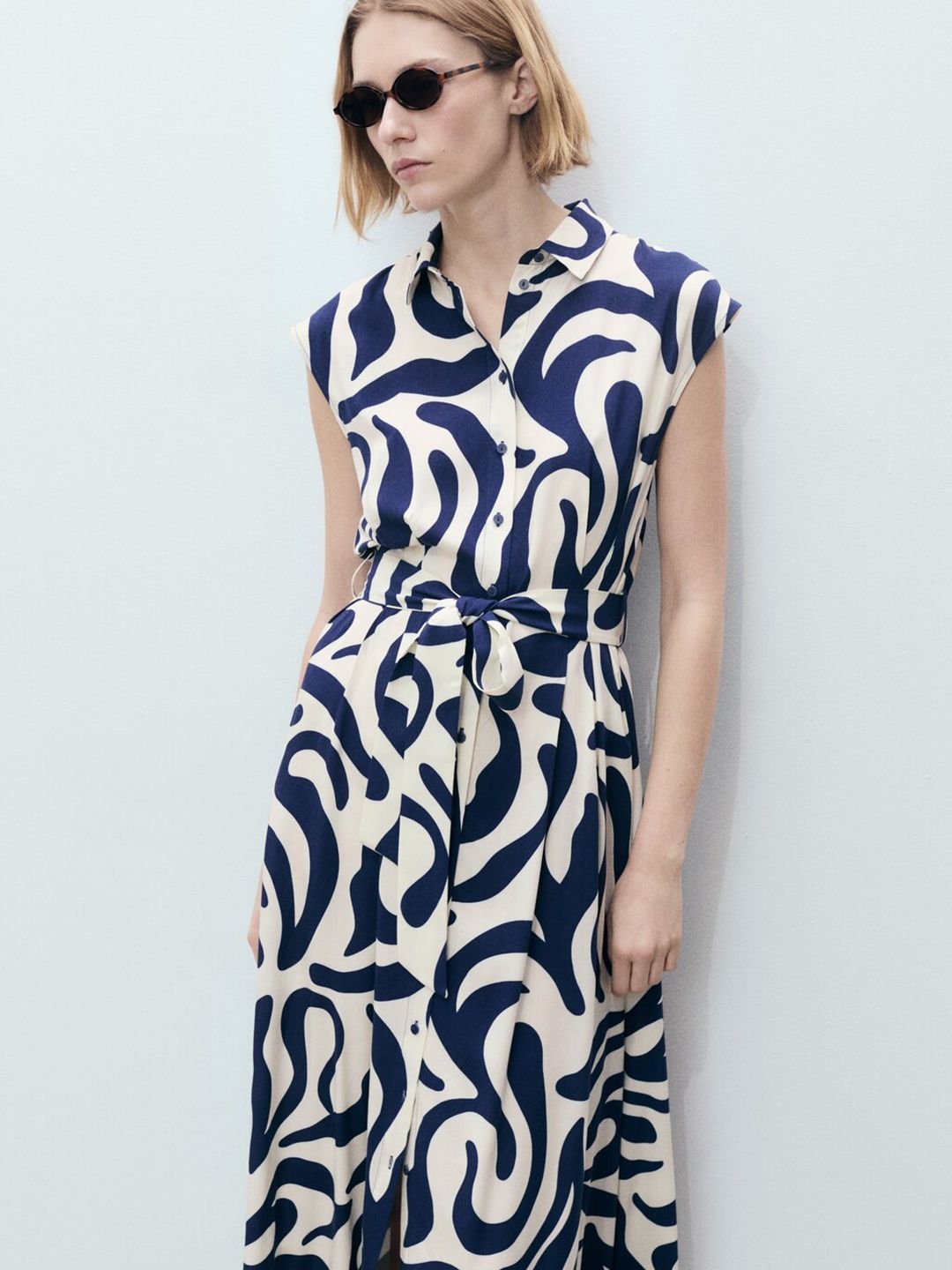 Printed Shirt Midi Dress with Belt