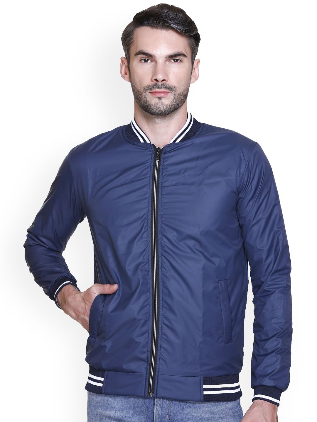 SANHOK Men Solid Lightweight Bomber Jacket