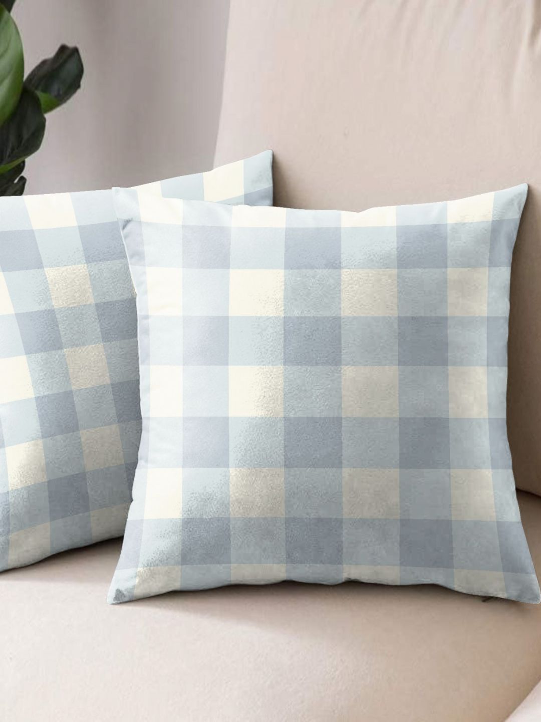Aura Silver-Toned & White 2 Pieces Checked Square Cushion Covers