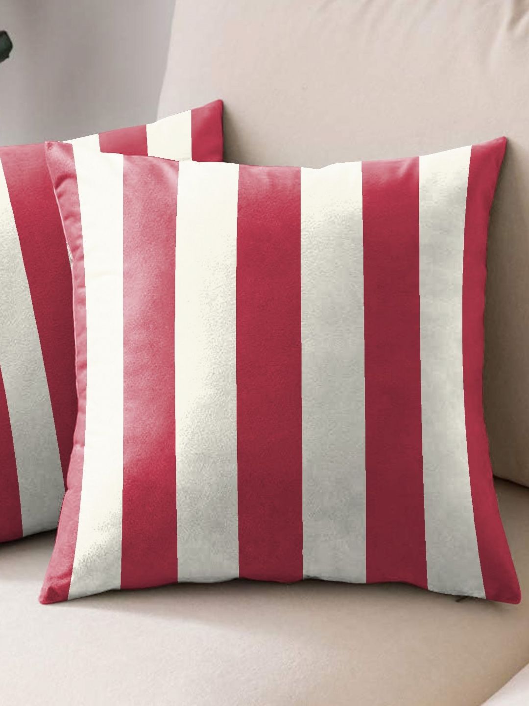Aura Red & White 2 Pieces Striped Square Cushion Covers