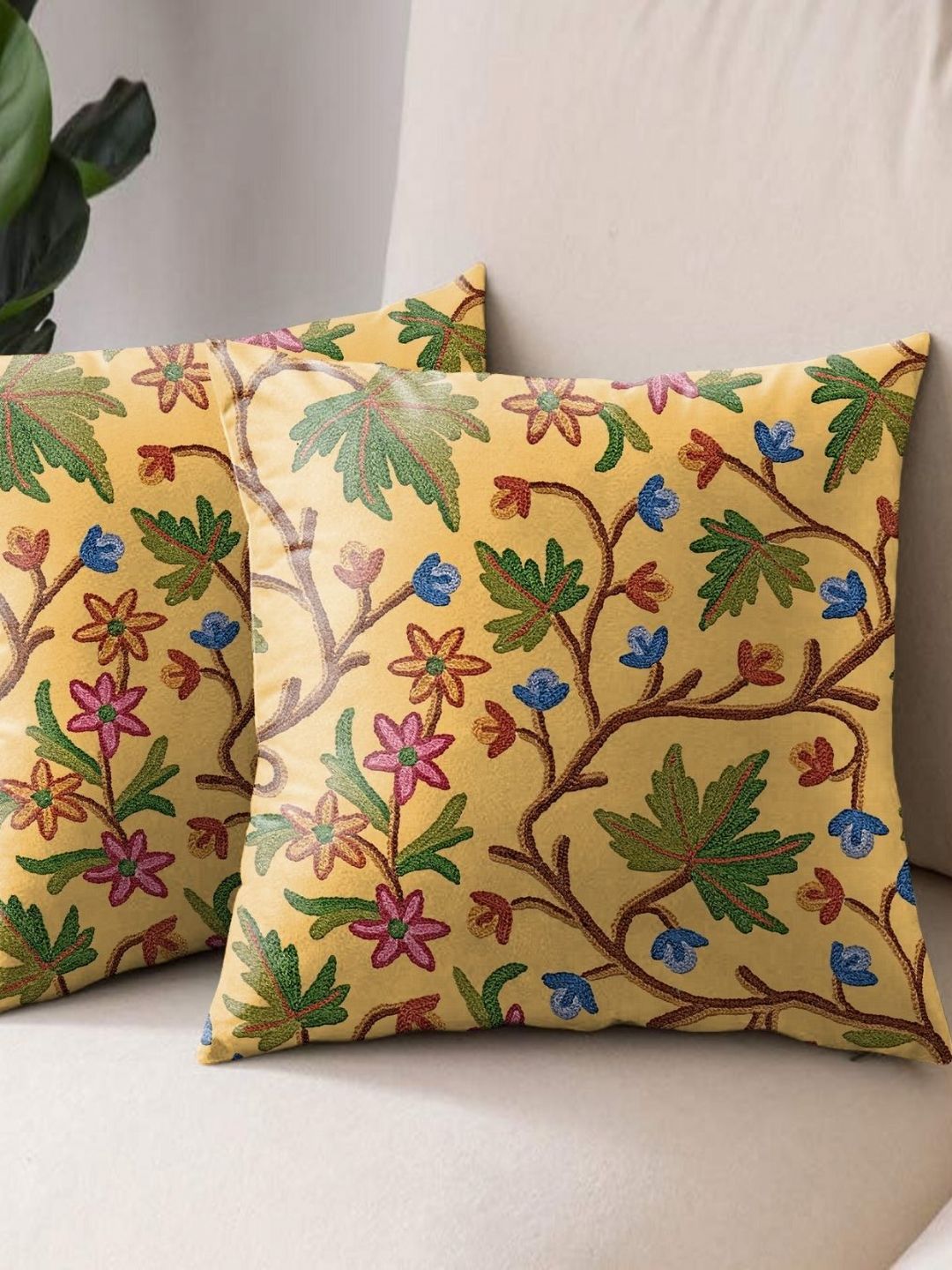 Aura Yellow & Green 2 Pieces Floral Square Cushion Covers
