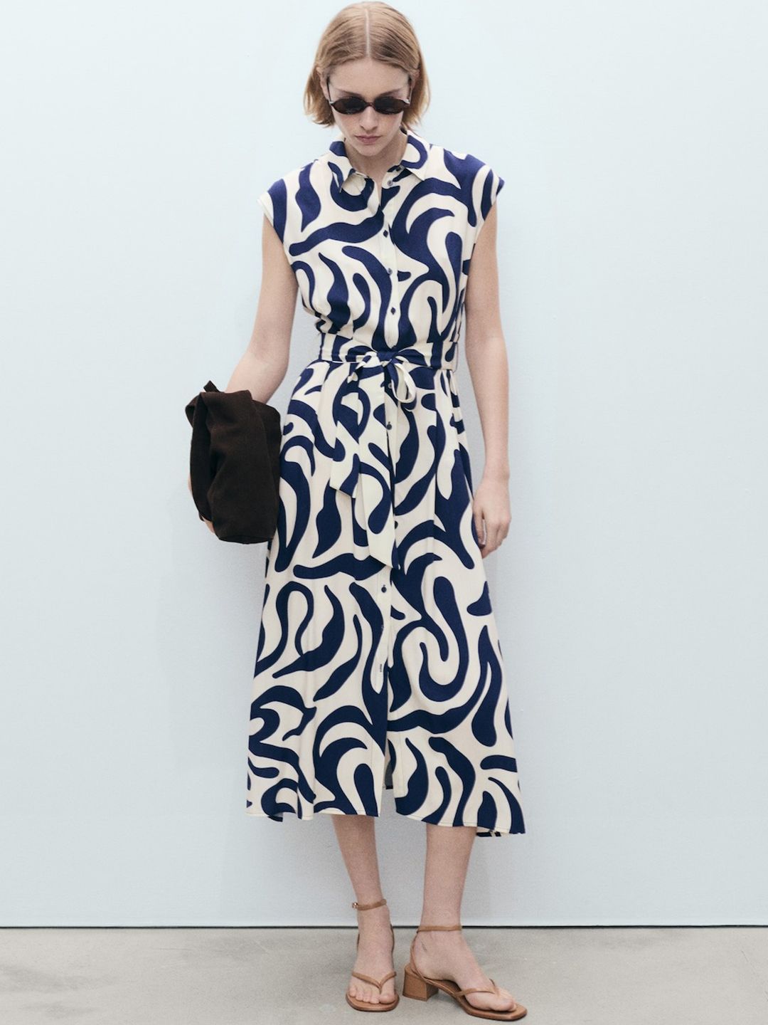 Printed Shirt Midi Dress with Belt