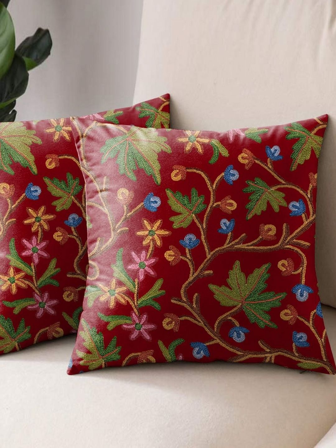 Aura Red & Green 2 Pieces Floral Embroidered Square Cushion Covers