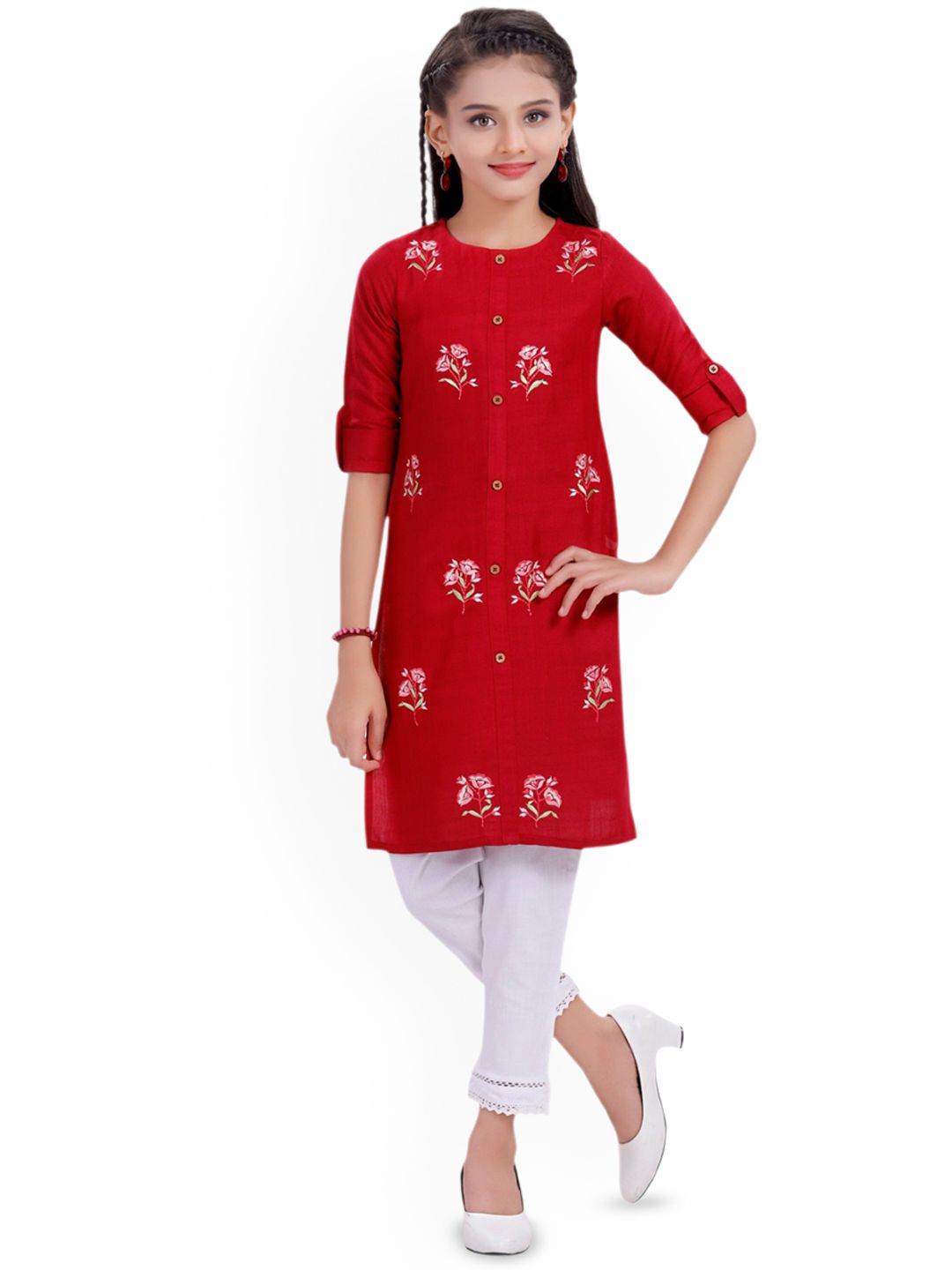 MASTARANG Girl Floral Embroidered Regular Pure Cotton Kurta Sets