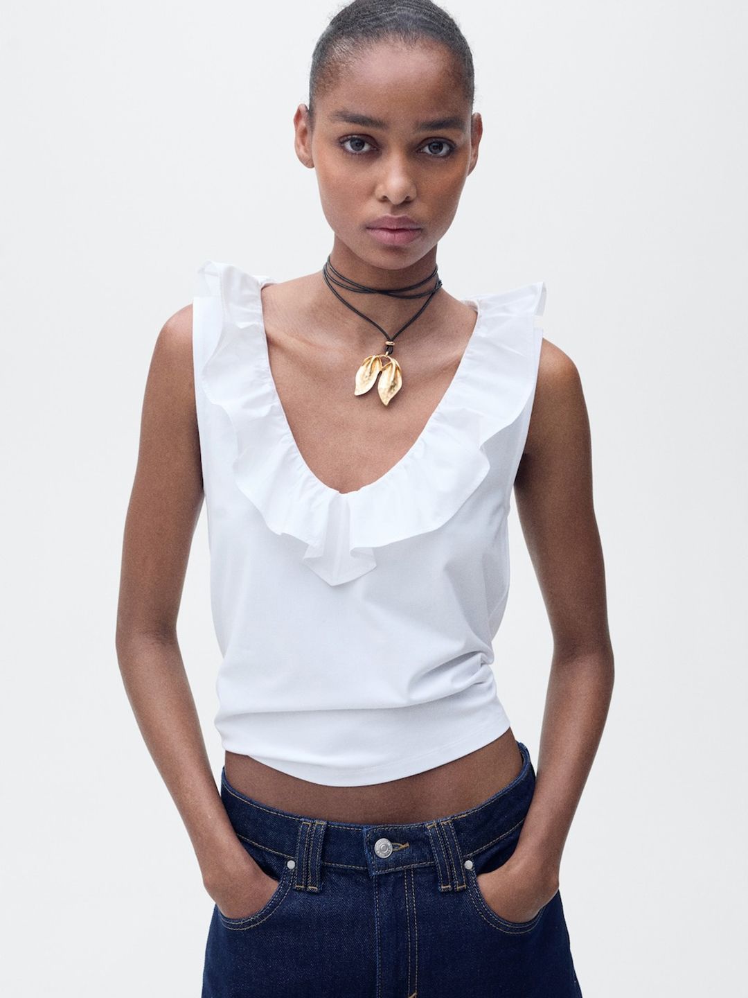 MANGO MANGO V-Neck Sleeveless Ruffles Top