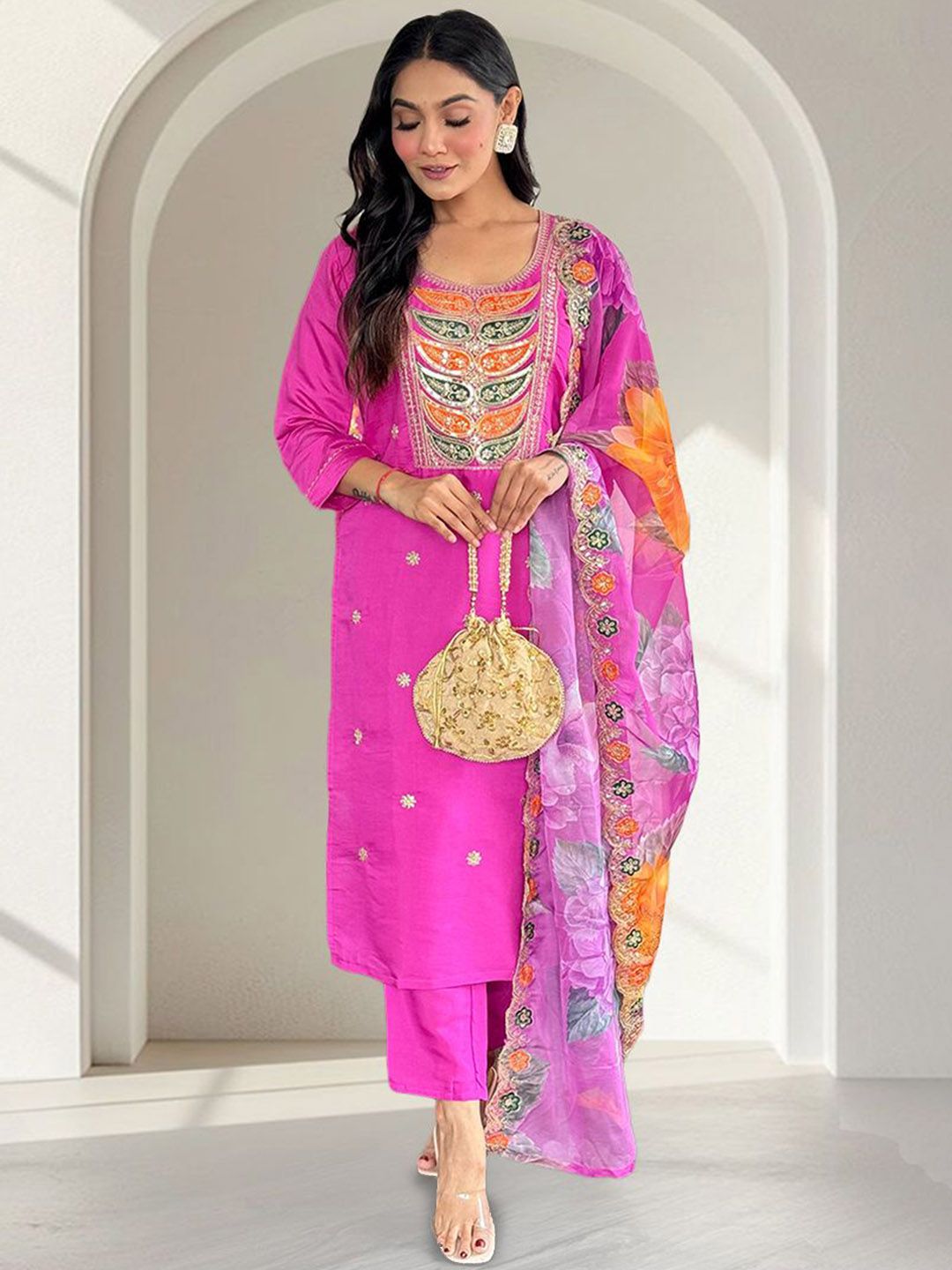 Rang by Indya Rang by Indya Women Ethnic Motifs Embroidered Kurta with Trousers & Dupatta