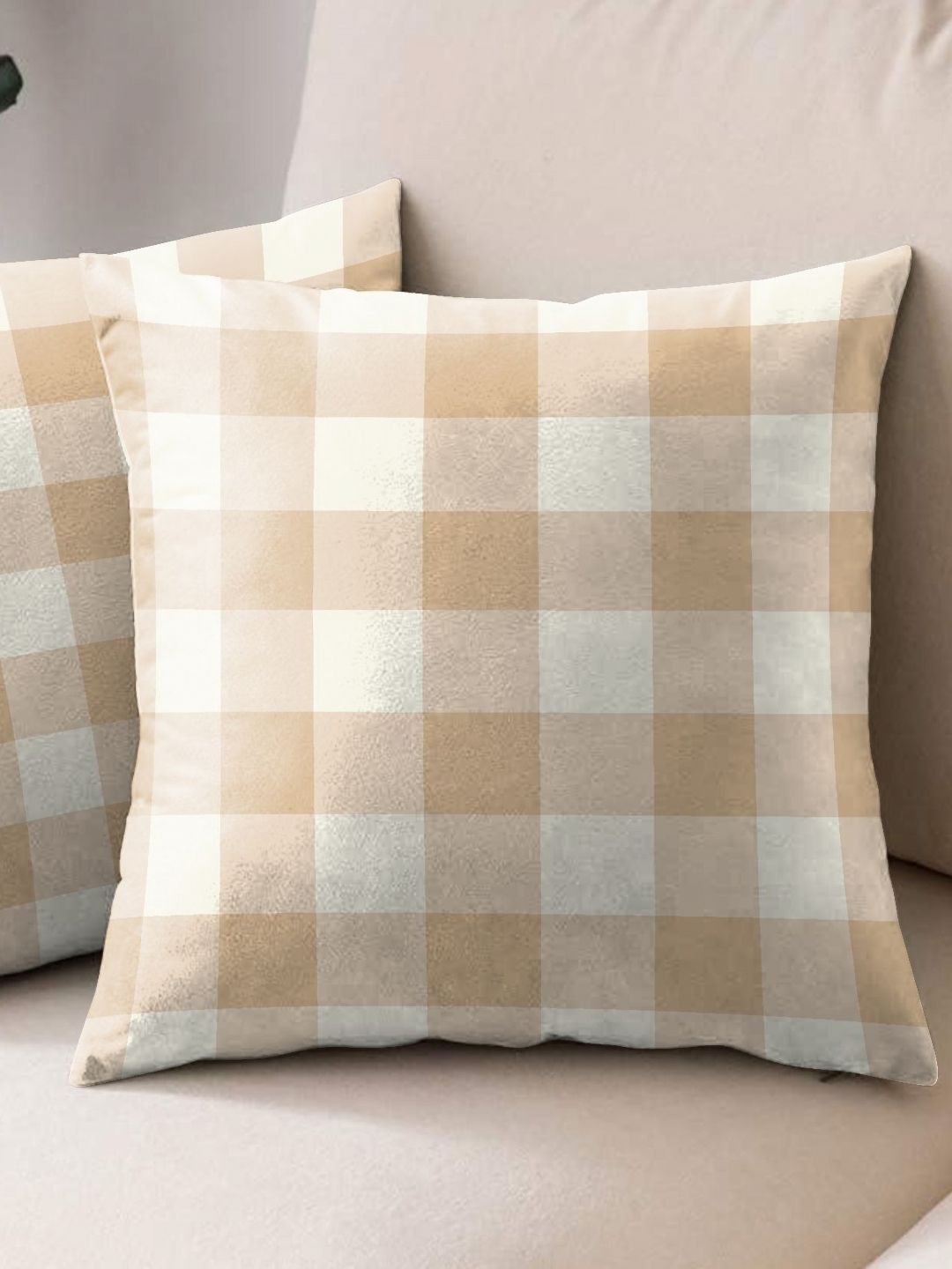 Aura Brown & White 2 Pieces Checked Square Cushion Covers