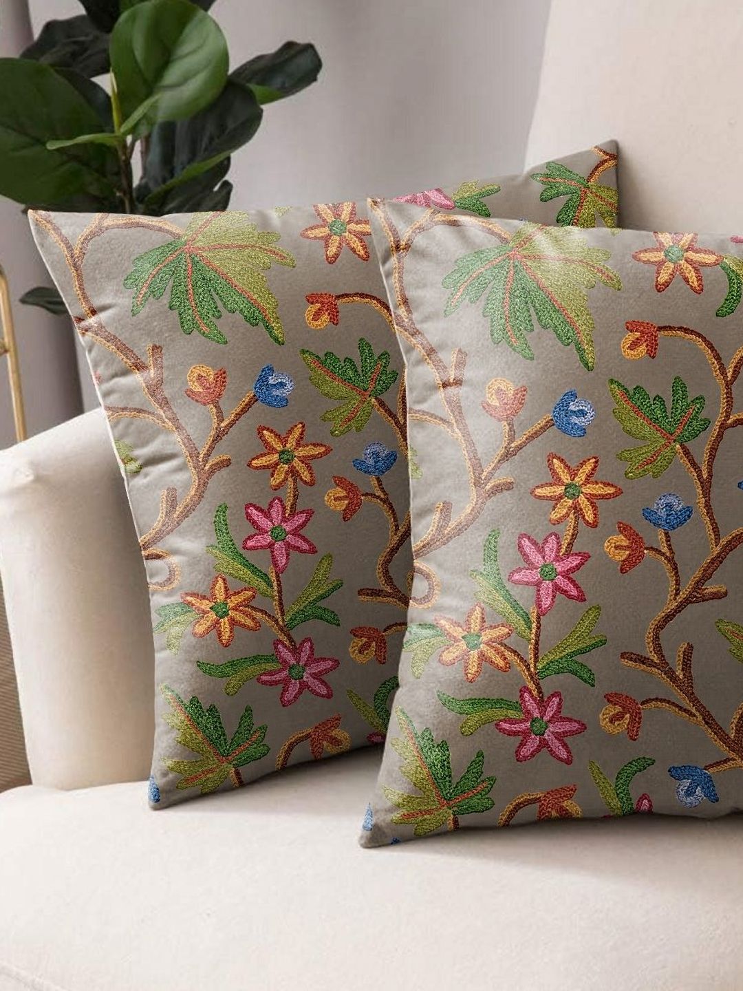 Aura Coffee Brown & Green 2 Pieces Floral Square Cushion Covers