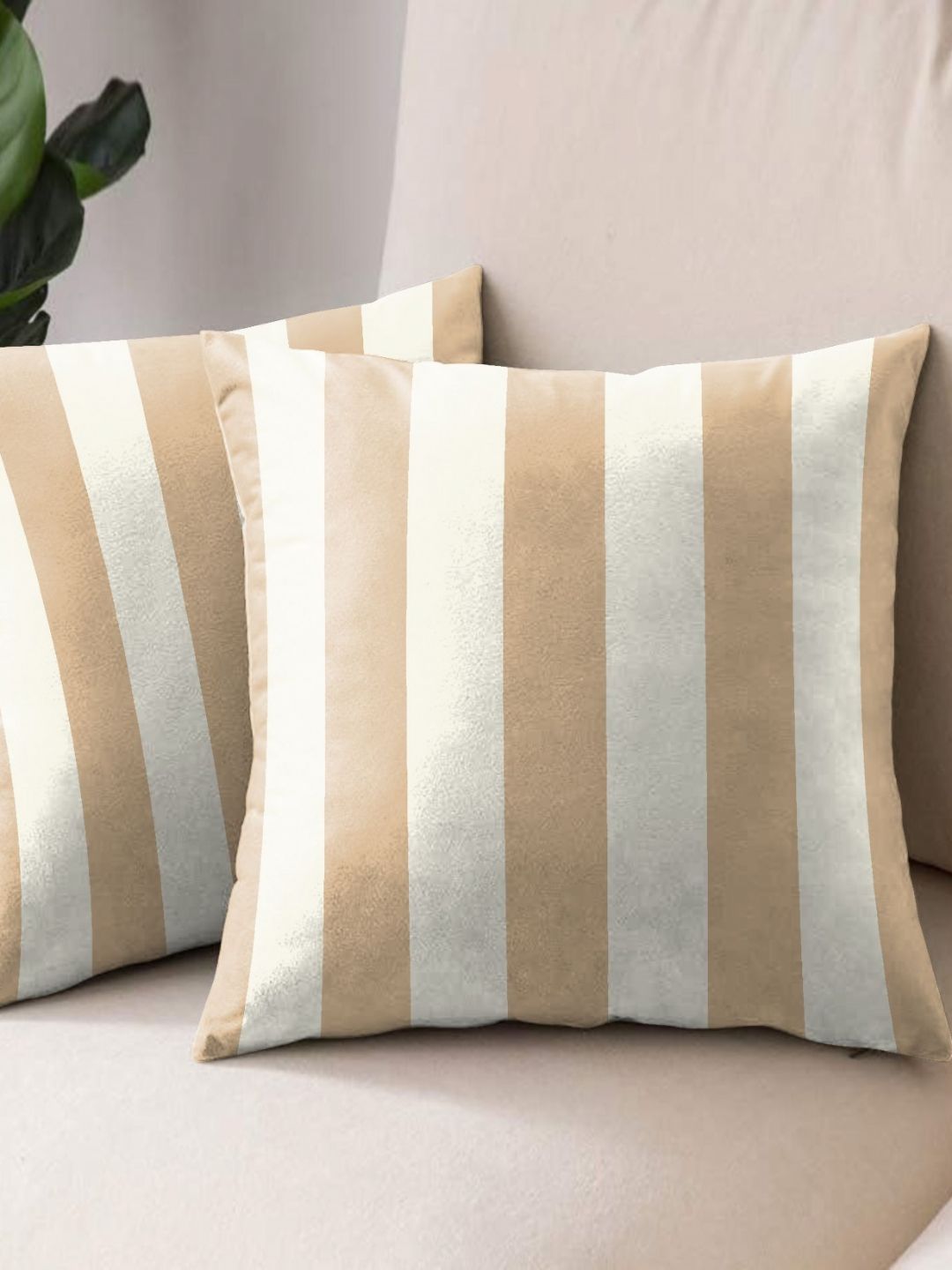 Aura Brown & White 2 Pieces Striped Square Cushion Covers