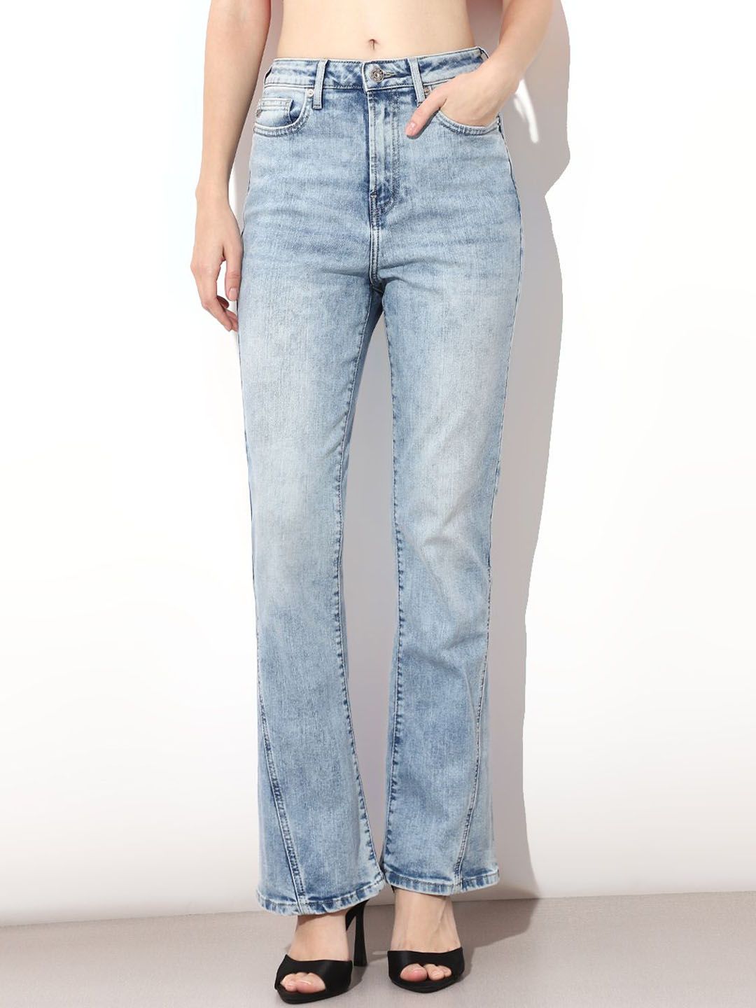 ONLY Women Flared High-Rise Heavy Fade Stretchable Jeans