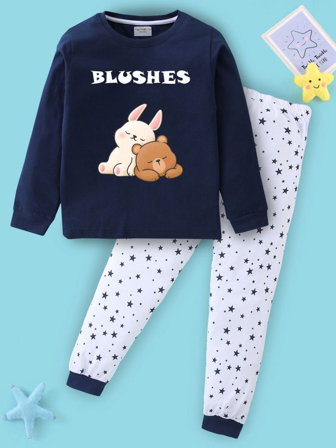 BLUSHES Kids Graphic Printed Round Neck Pure Cotton T-shirt With Joggers