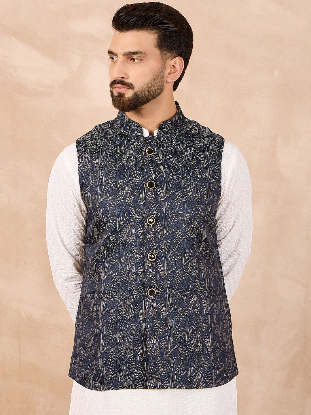 House of Pataudi Woven Design Mandarin Collar Nehru Jacket