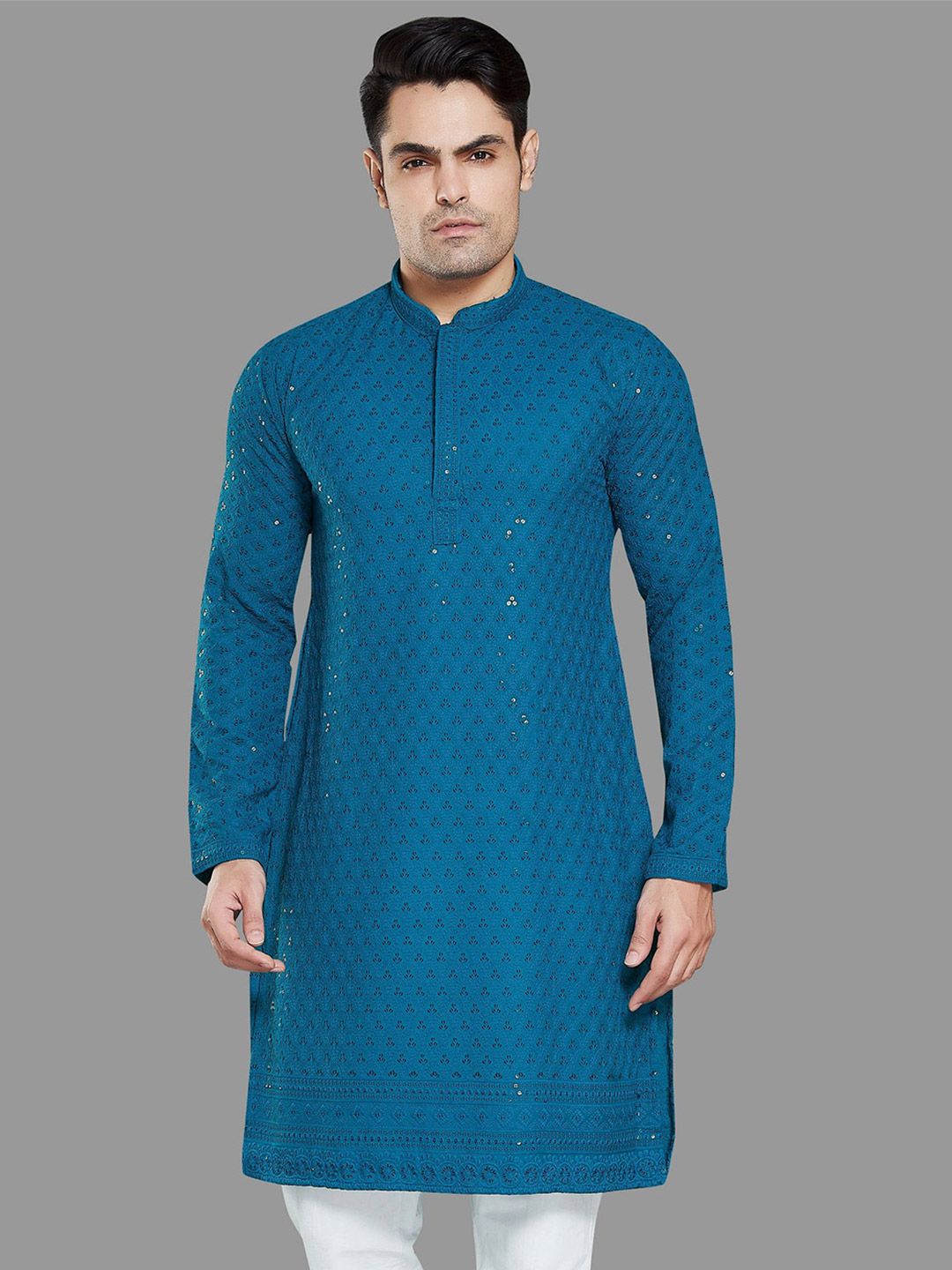 PulseIQ Floral Embroidered Mandarin Collar Sequinned Straight Kurta