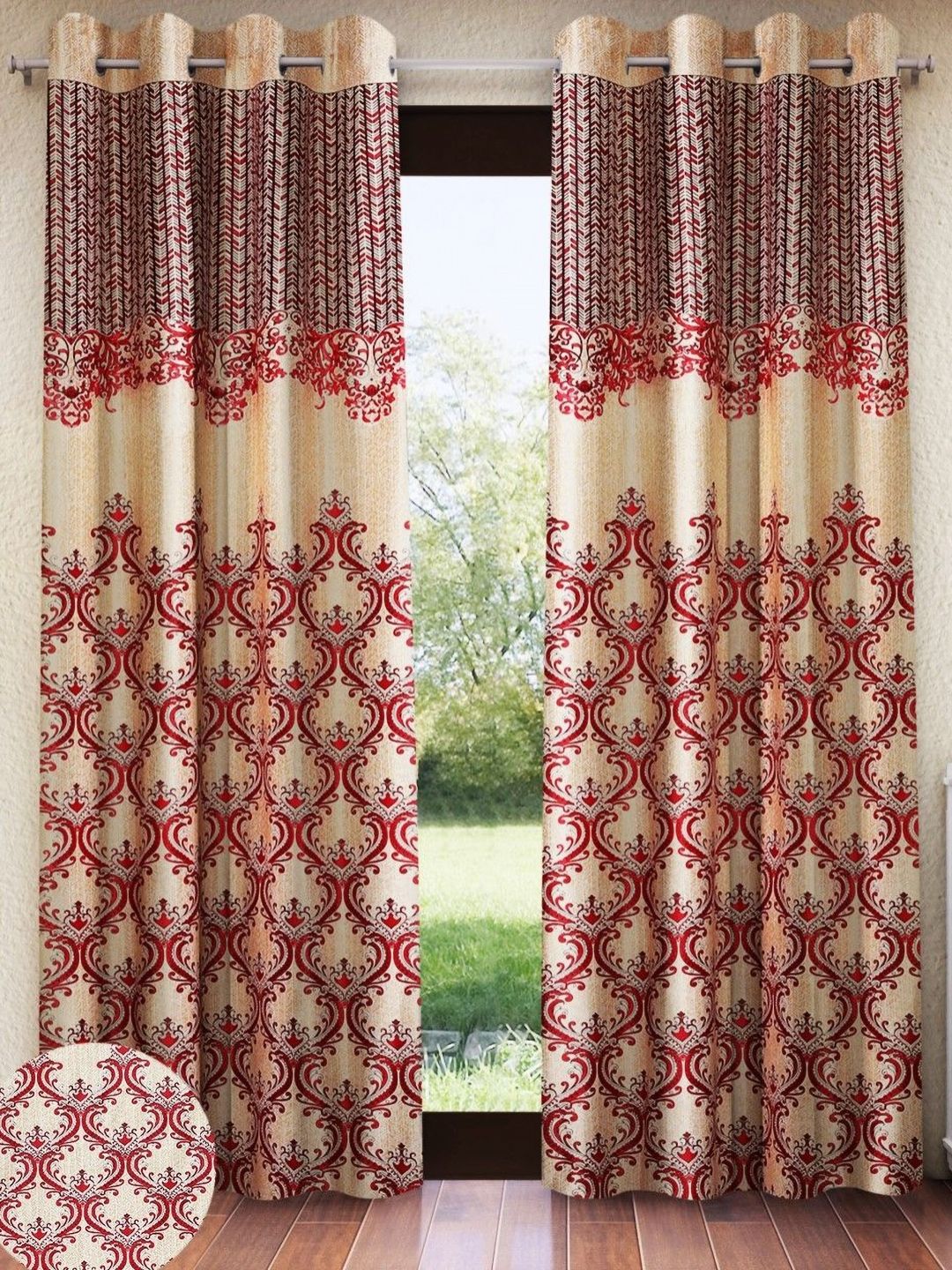 Home Sizzler Home Sizzler Maroon & Beige Set of 2 Ethnic Motifs Door Curtain