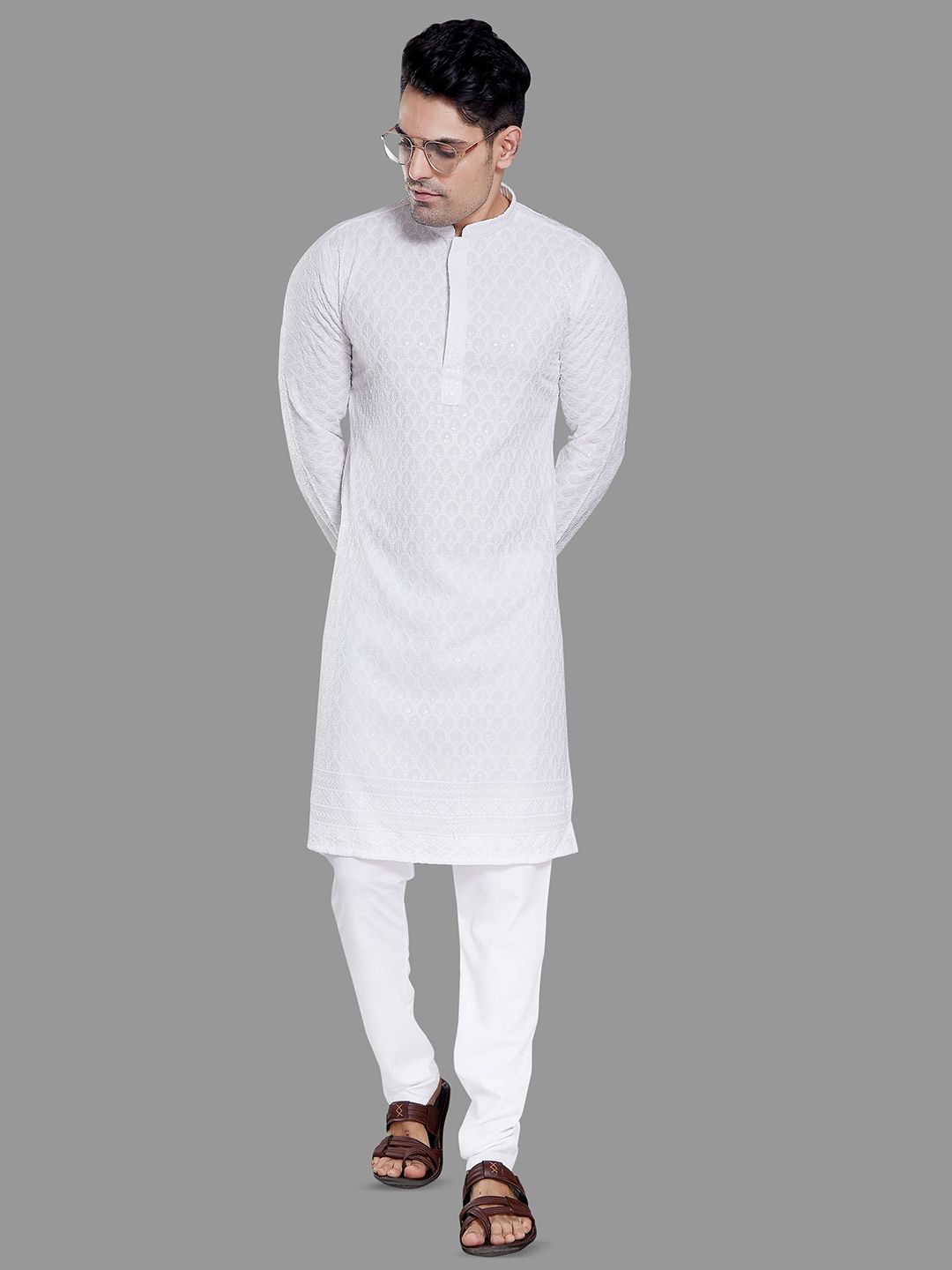 PulseIQ Geometric Embroidered Mandarin Collar Straight Kurta