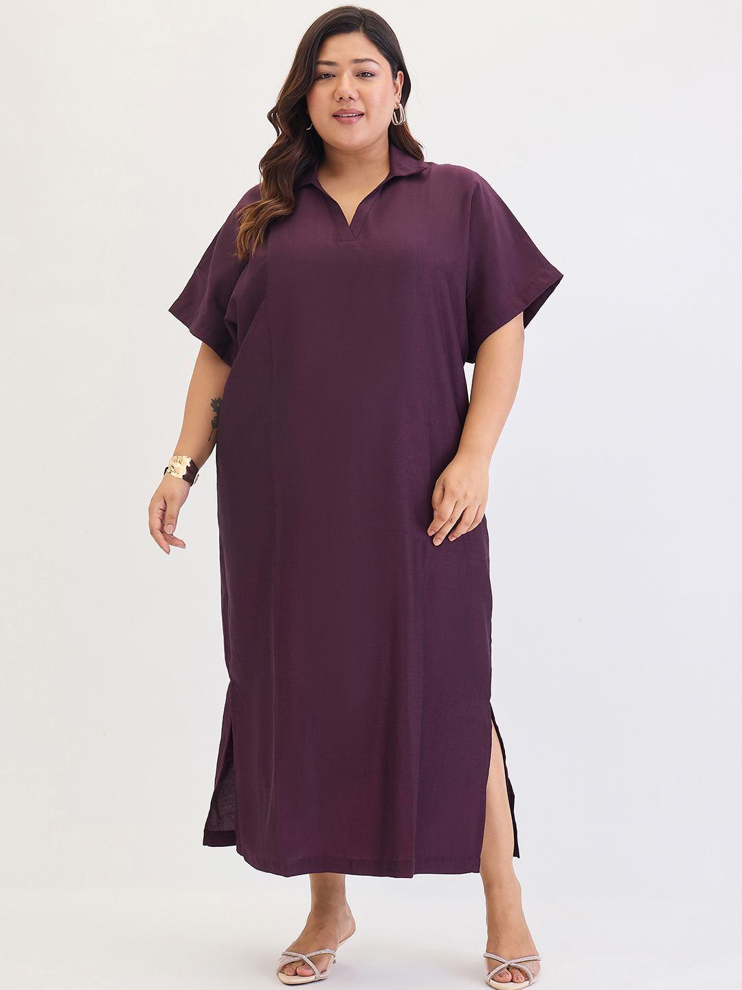 FEMMELLA Women Slits Shirt Collar A-Line Maxi Dress