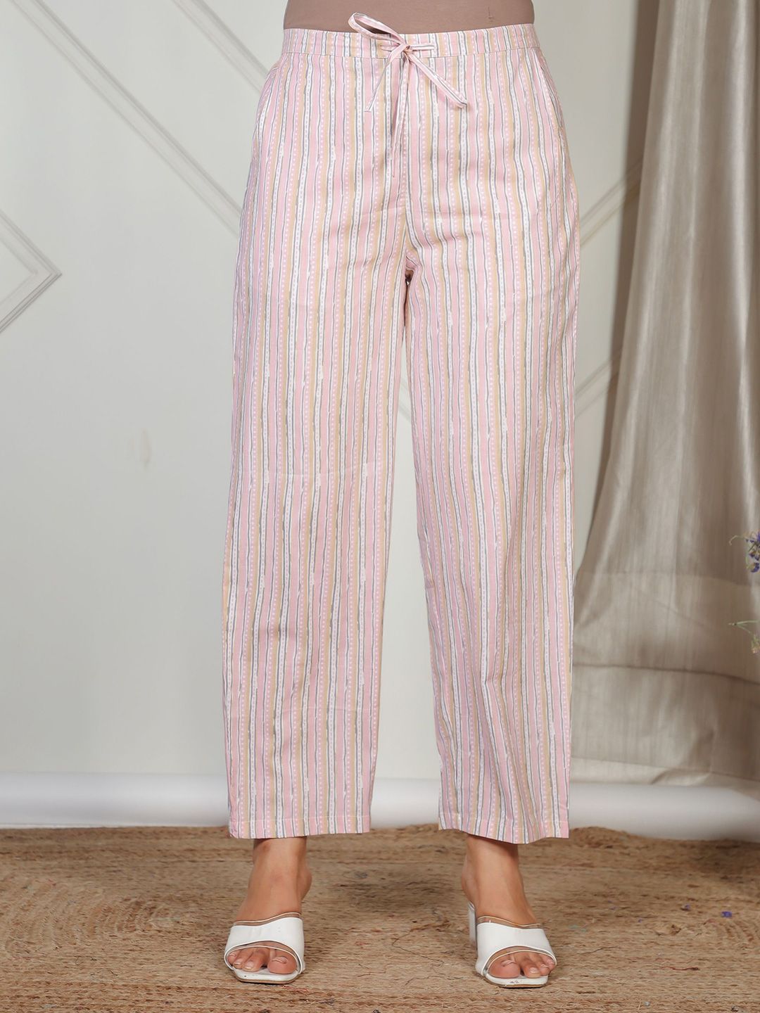 Aramya Women Striped Pure Cotton Mid Rise Trouser