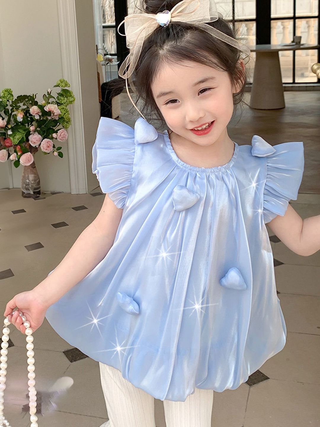 LULU & SKY Girls Floral Print Sequined Puff Sleeve Top