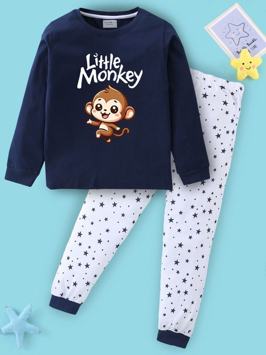 BLUSHES Kids Graphic Printed Round Neck Pure Cotton T-shirt With Joggers