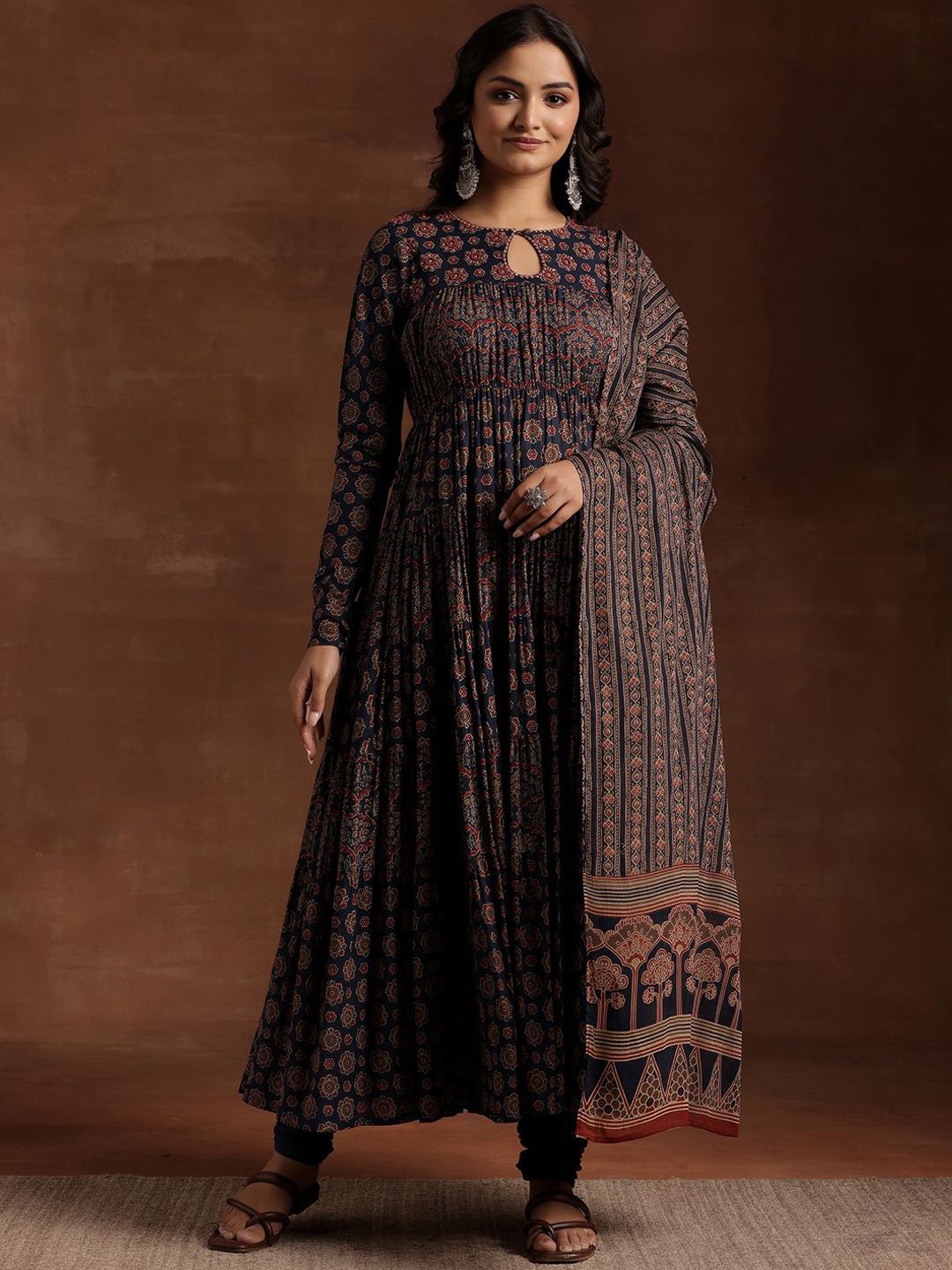 Libas Libas Womens Blue Printed Cotton Anarkali Kurta With Churidar & Dupatta