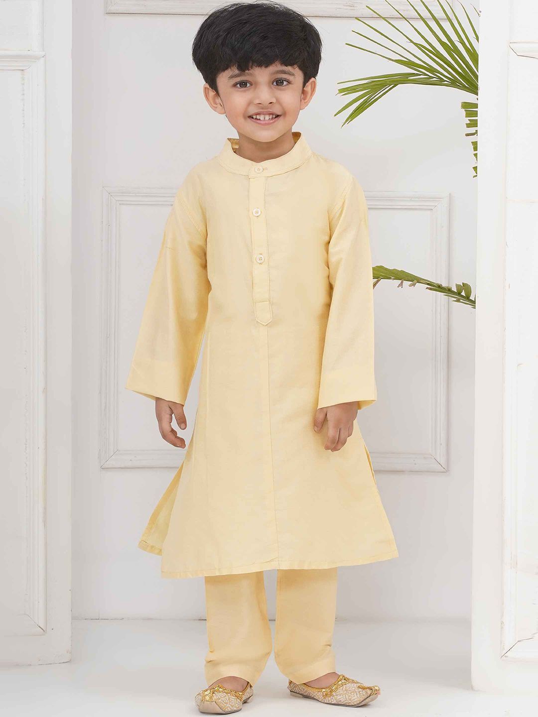 Sethukrishna Boys Band Collar Straight Kurta With Churidar & Nehru Jacket