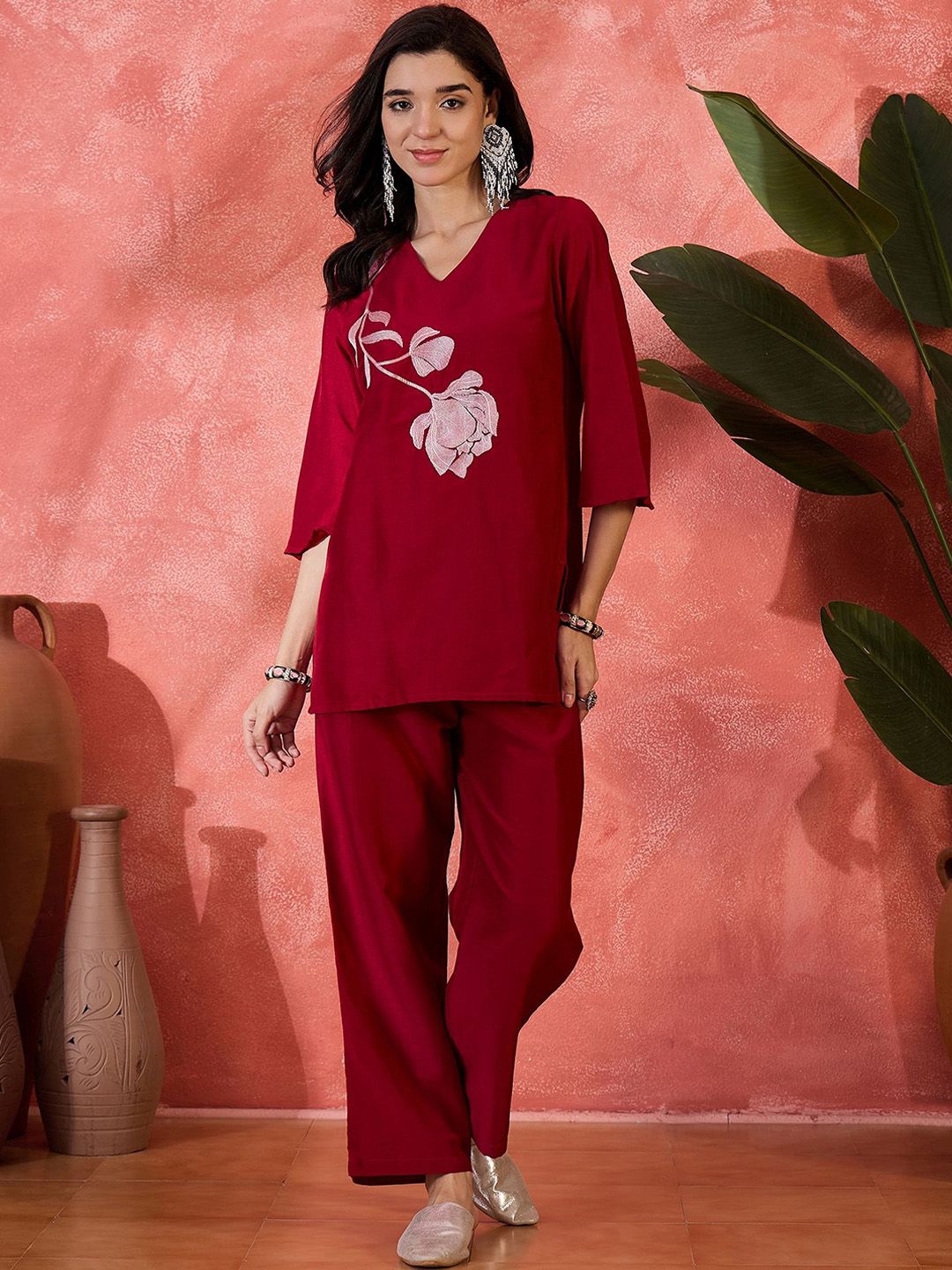 Sangria Floral Embroidered Tunic With Trousers Co-Ords