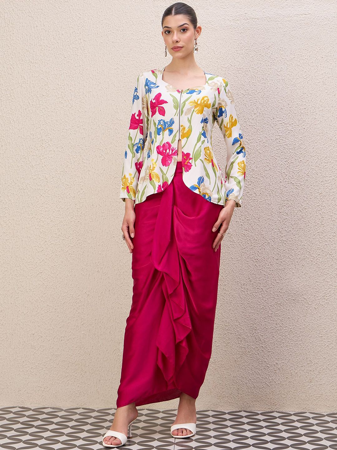 Top With Drapped Skirt Co-Ords Antheaa Printed Square Neck Top With Drapped Skirt Co-Ords