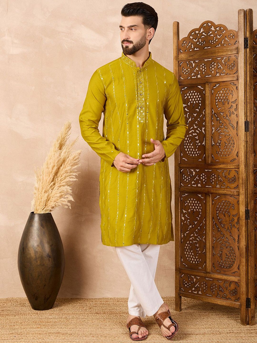 House of Pataudi Striped Mandarin Collar Sequinned Straight Kurta