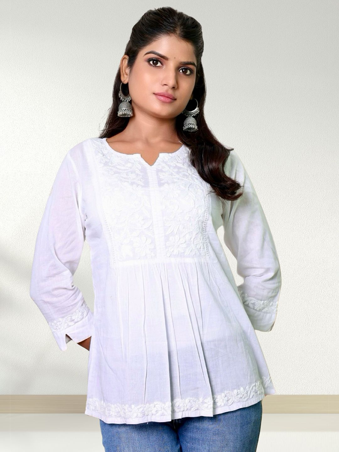 myplusfashion Floral Embroidered Chikankari Notch Neck Pure Cotton Chikankari Kurti