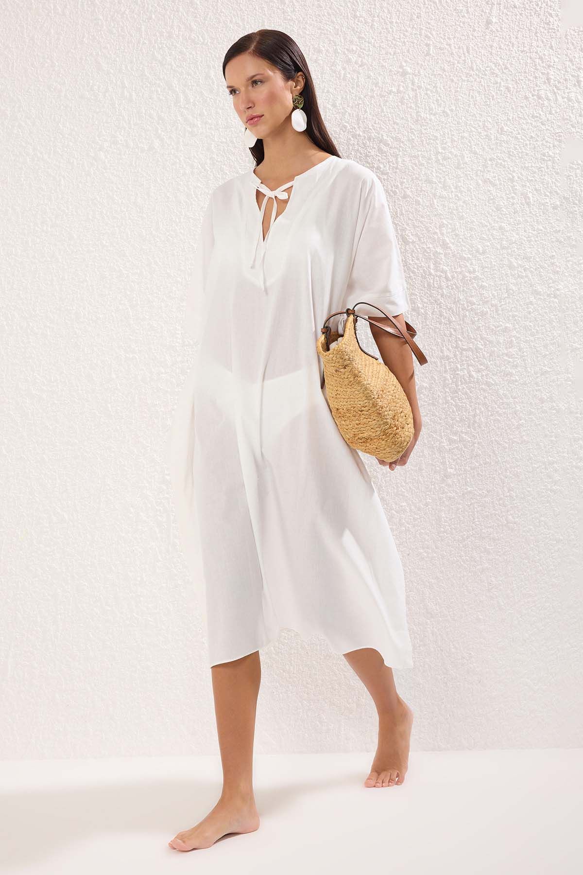 Trendyol Women Cotton Tie-Up Neck A-Line Midi Dress