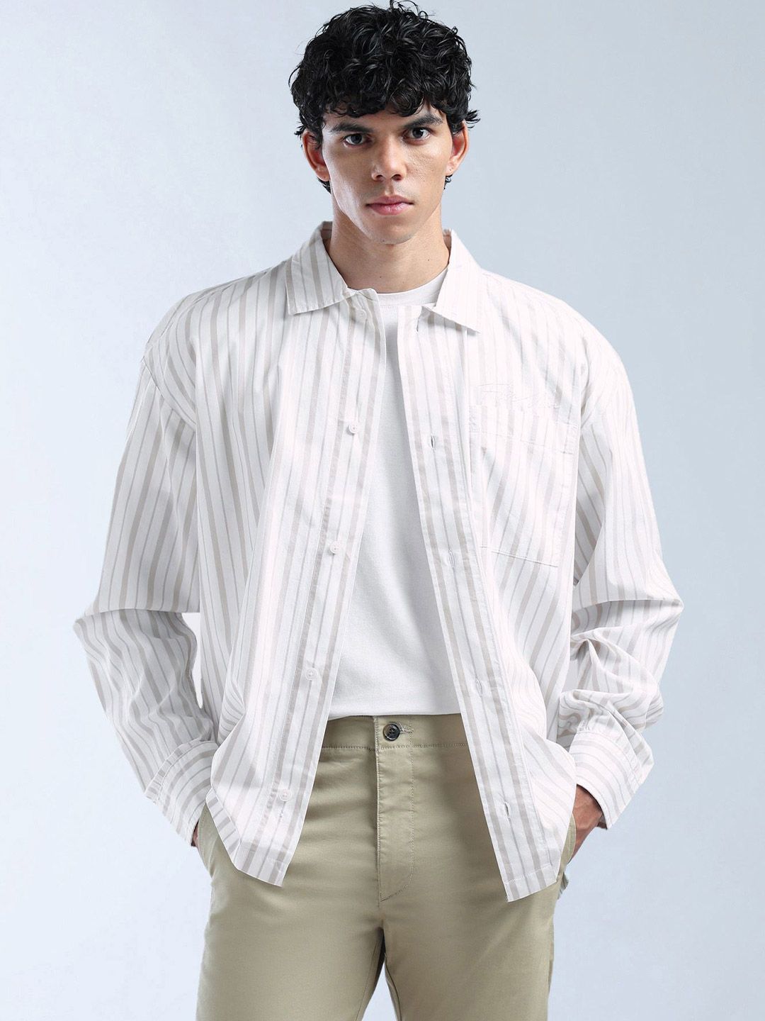 Flying Machine Relaxed Striped Spread Collar Cotton Shirt