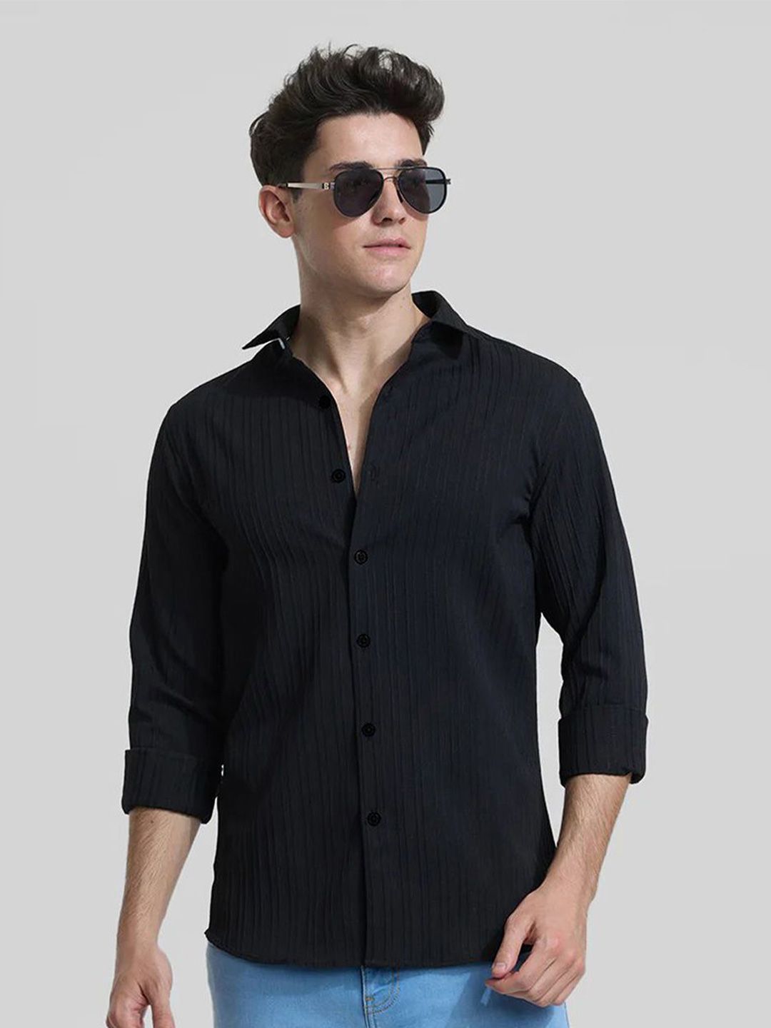 Buy SZN Textured Spread Collar Long Sleeves Standard Casual Shirt