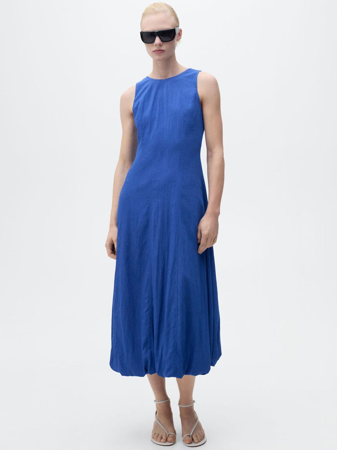 Round Neck Sleeveless Seamed A-Line Midi Dress with Puffed Hem