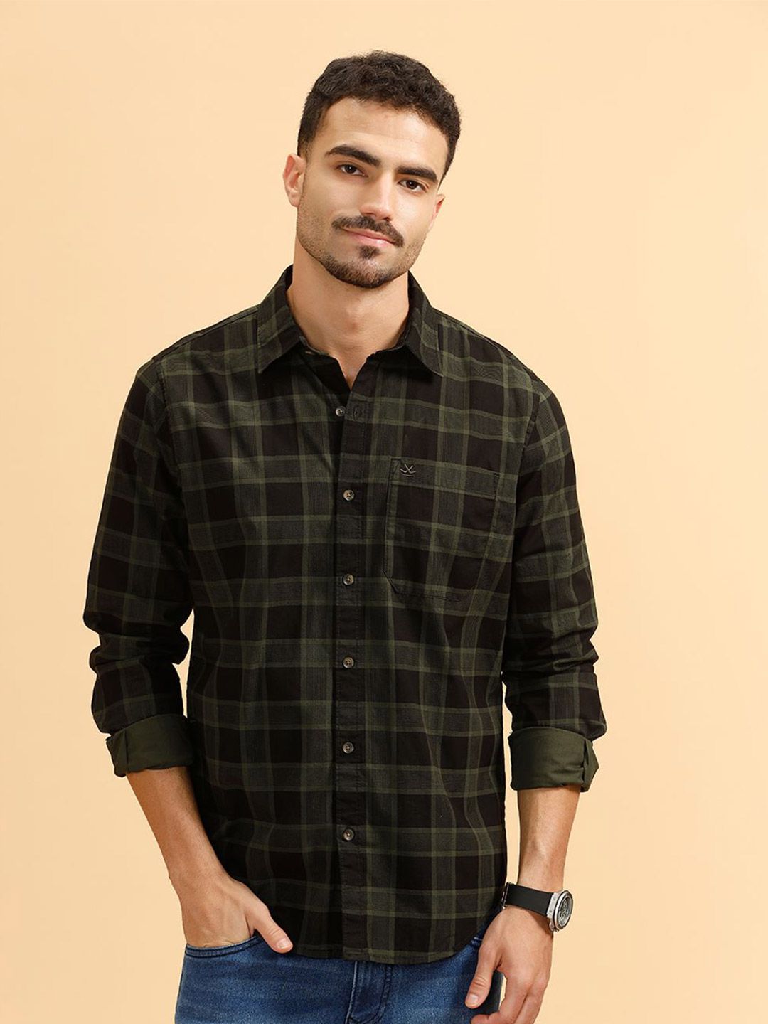 WROGN Comfort Tartan Checked Roll-Up Sleeves Slim Fit Pure Cotton Shirt