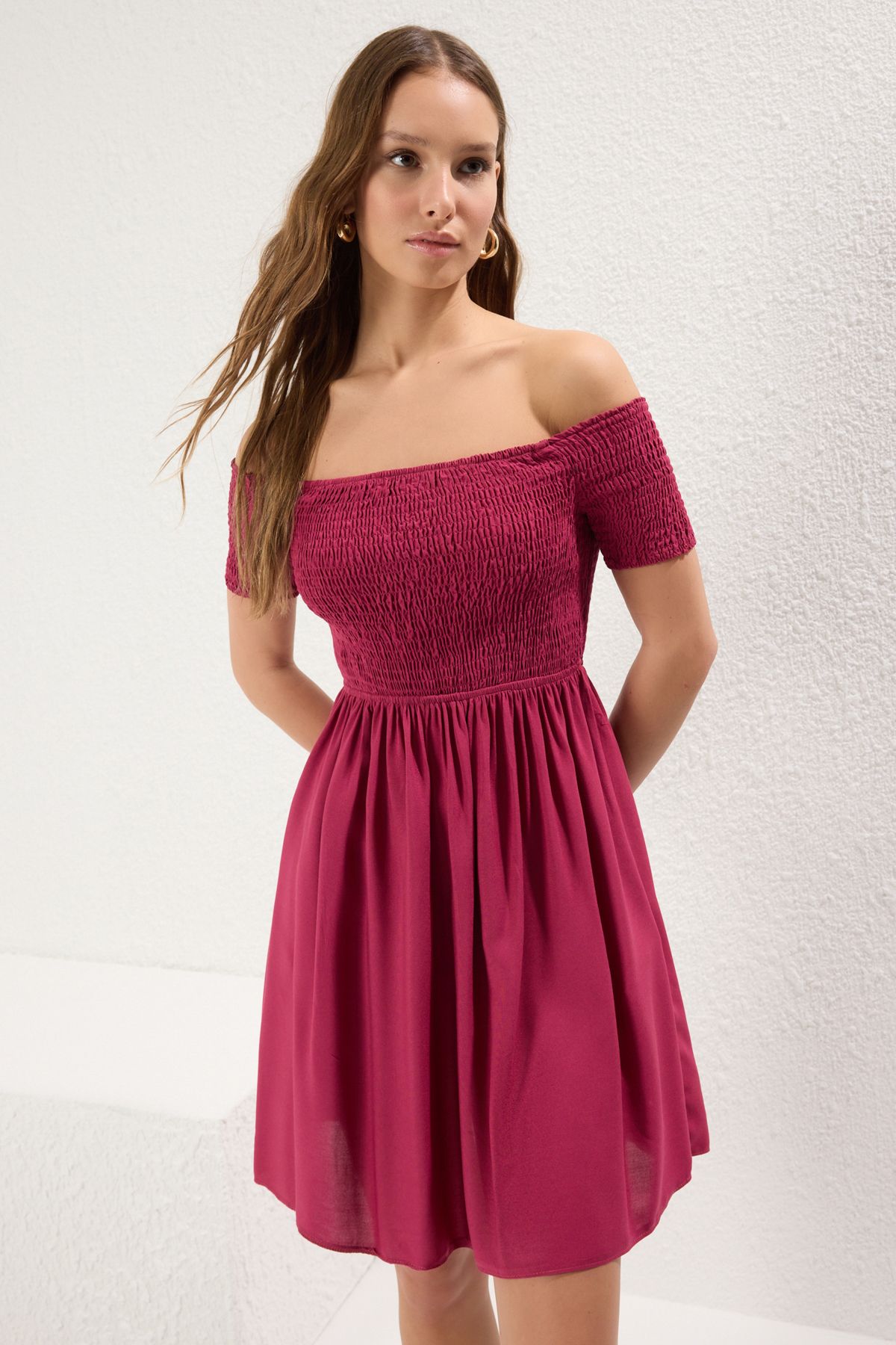 Trendyol Women Solid Smocked Off-Shoulder Fit & Flare Dress