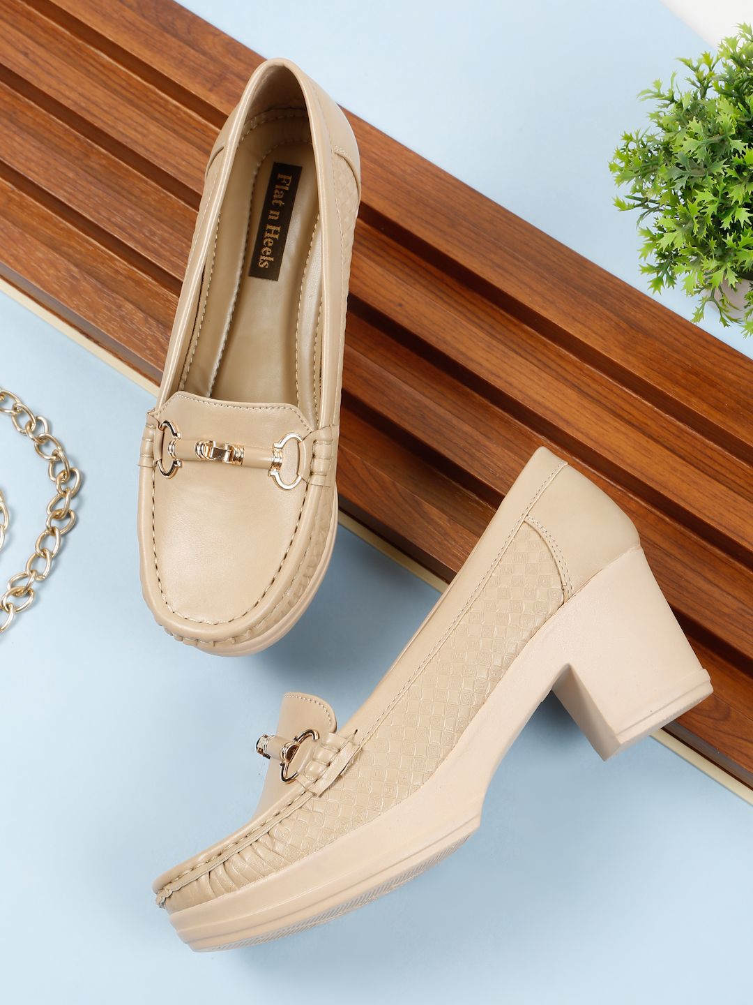 Flat n Heels Textured Block Heel Loafers