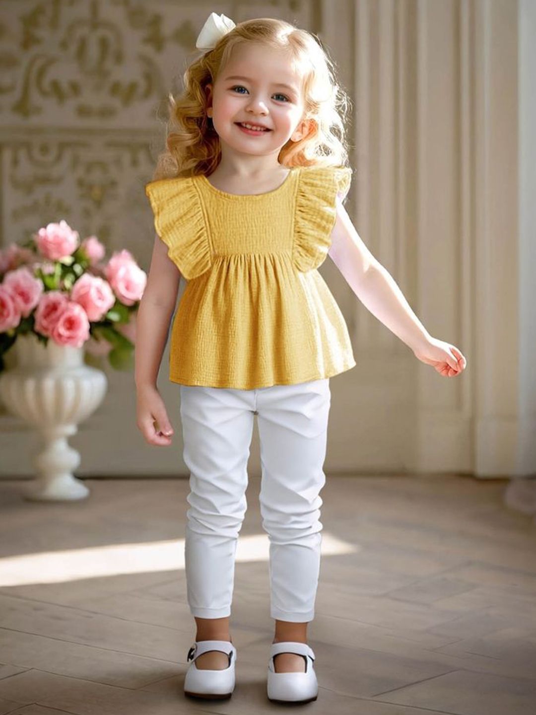 LULU & SKY Girls Flutter Sleeves Smocked Cotton Empire Top