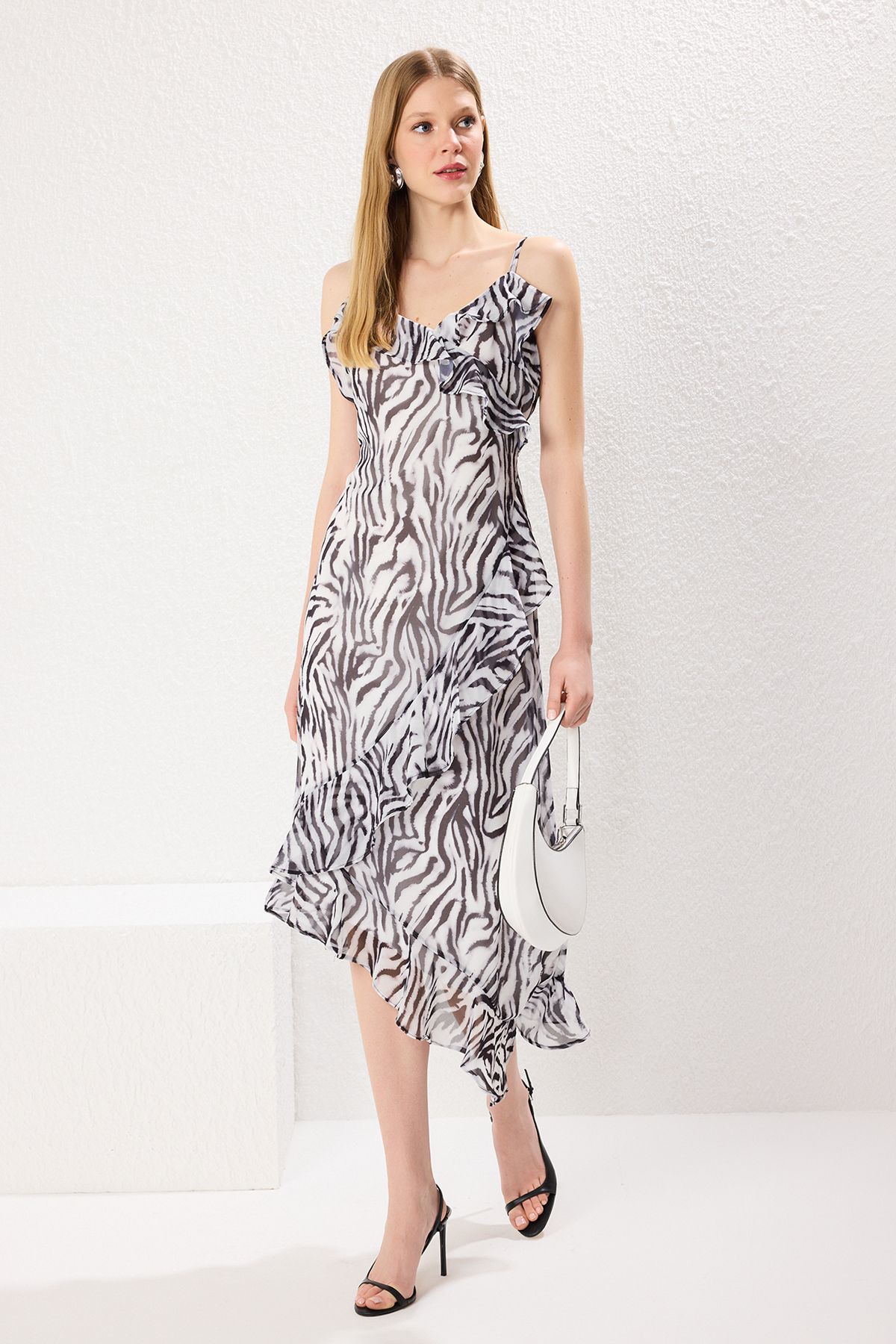 Trendyol Women Animal Printed Ruffles Shoulder Straps Empire Midi Dress