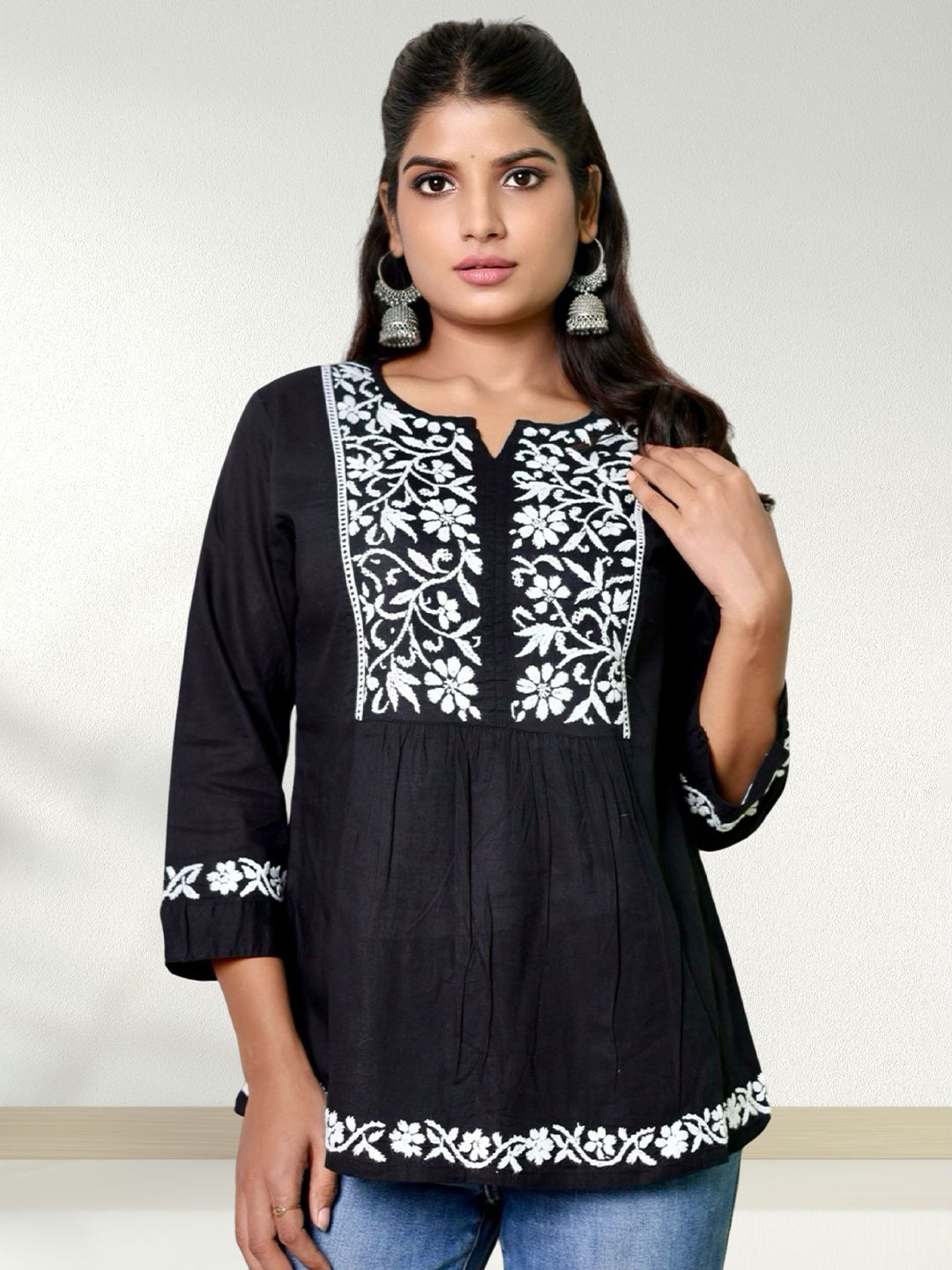 myplusfashion Floral Embroidered Chikankari Notch Neck Pure Cotton Chikankari Kurti