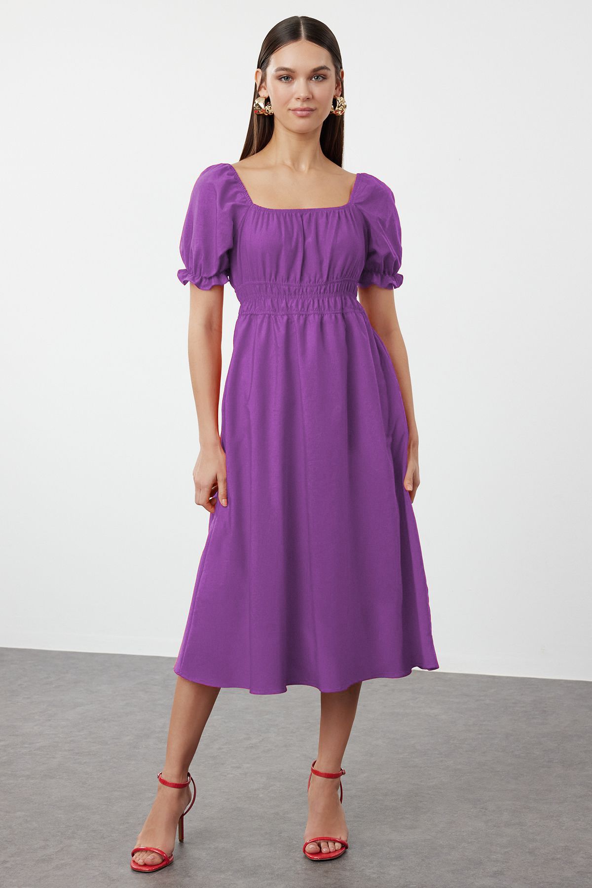 Trendyol Women Square Neck Puff Sleeve Fit & Flare Midi Dress