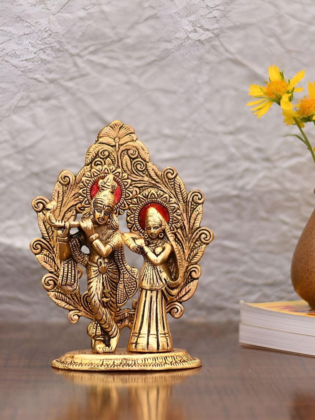 Aura Gold-Toned & Red Lord Radha Krishna Religious Metal Idol Showpiece