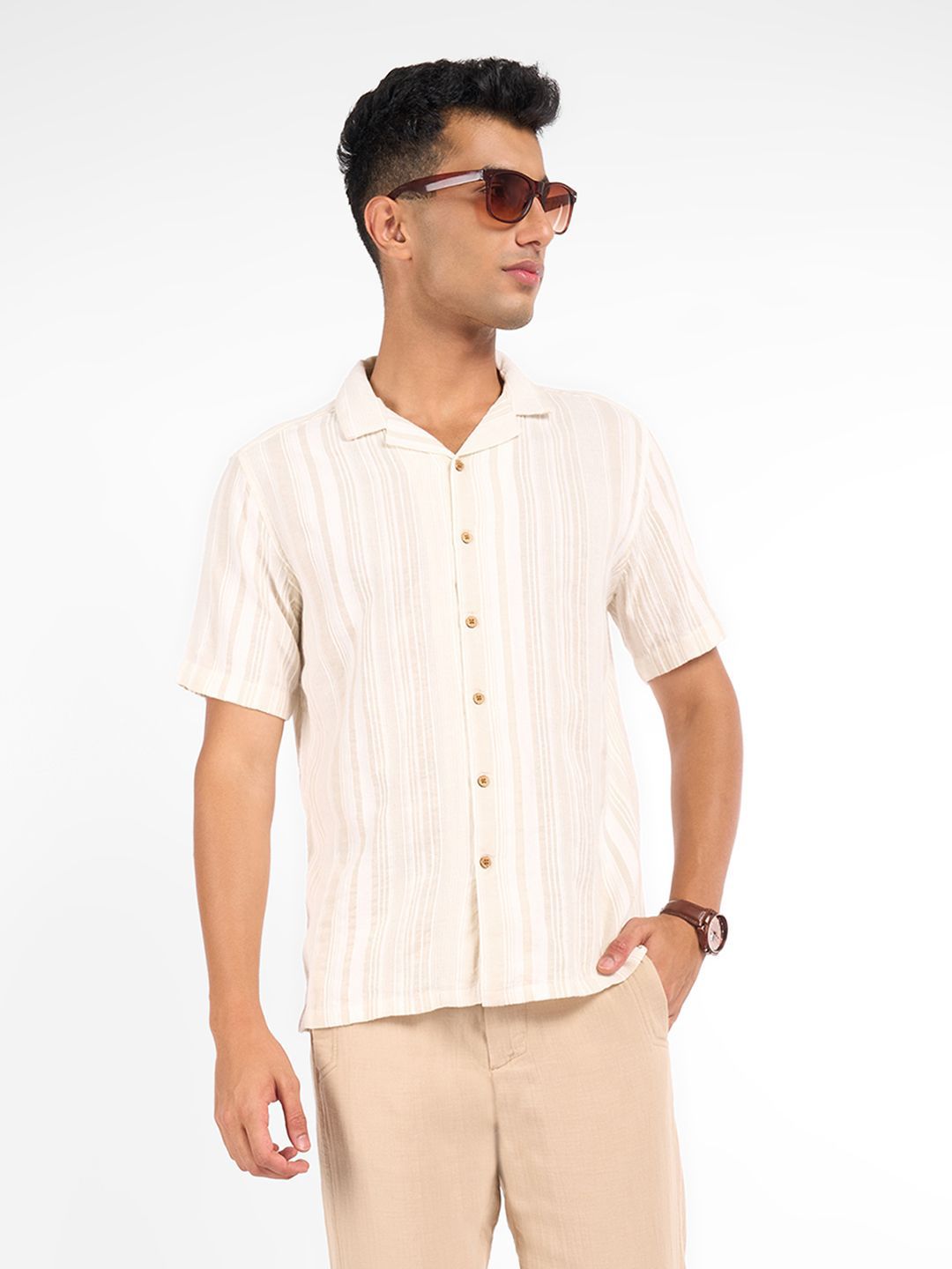 7 Alt by Pantaloons Striped Cuban Collar Pure Cotton Casual Shirt