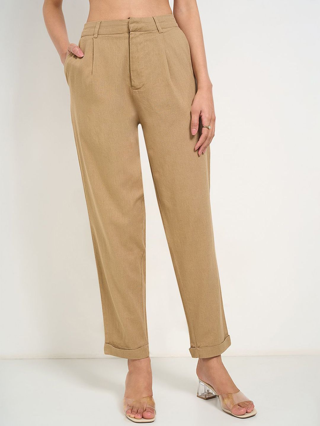 Annabelle by Pantaloons Women Tapered Fit High-Rise Pleated Formal Trouser