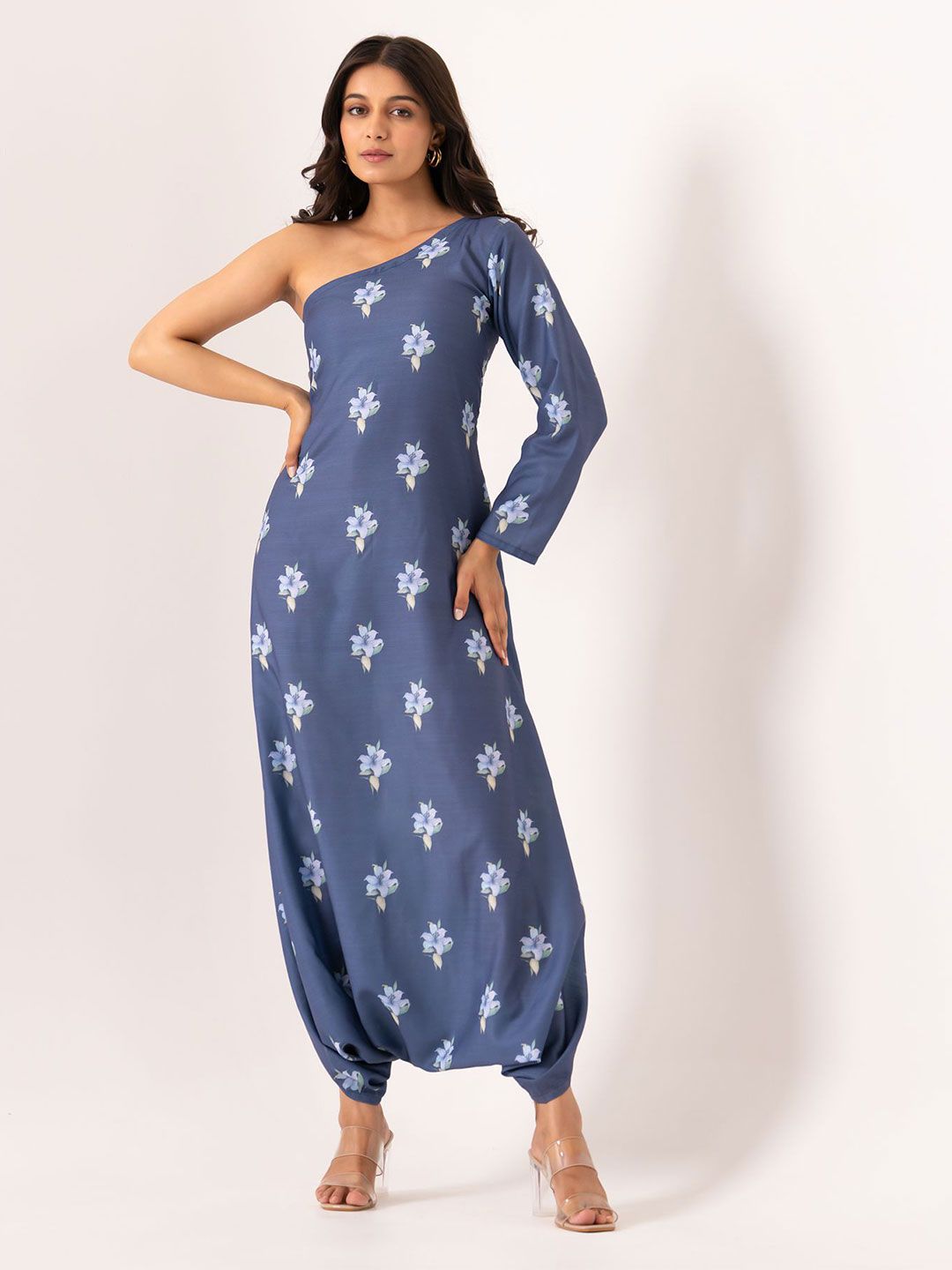 Pasha Space Blue One-Shoulder Dhoti Jumpsuit